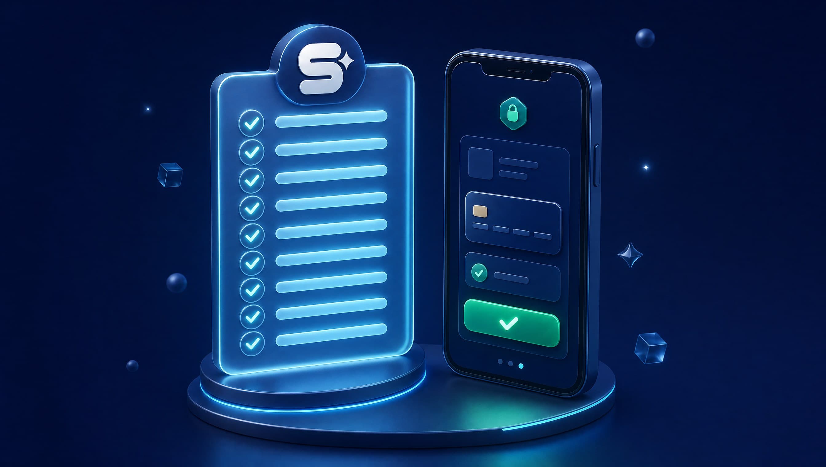 Floating glass launch checklist with 10 verified items beside a smartphone mockup