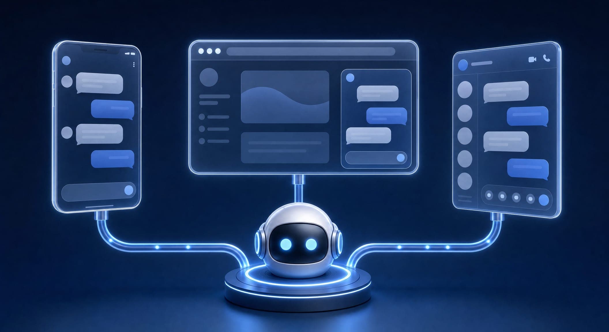 Three chatbot channels: a messaging app, a website chat window and Messenger, all connected to a single bot