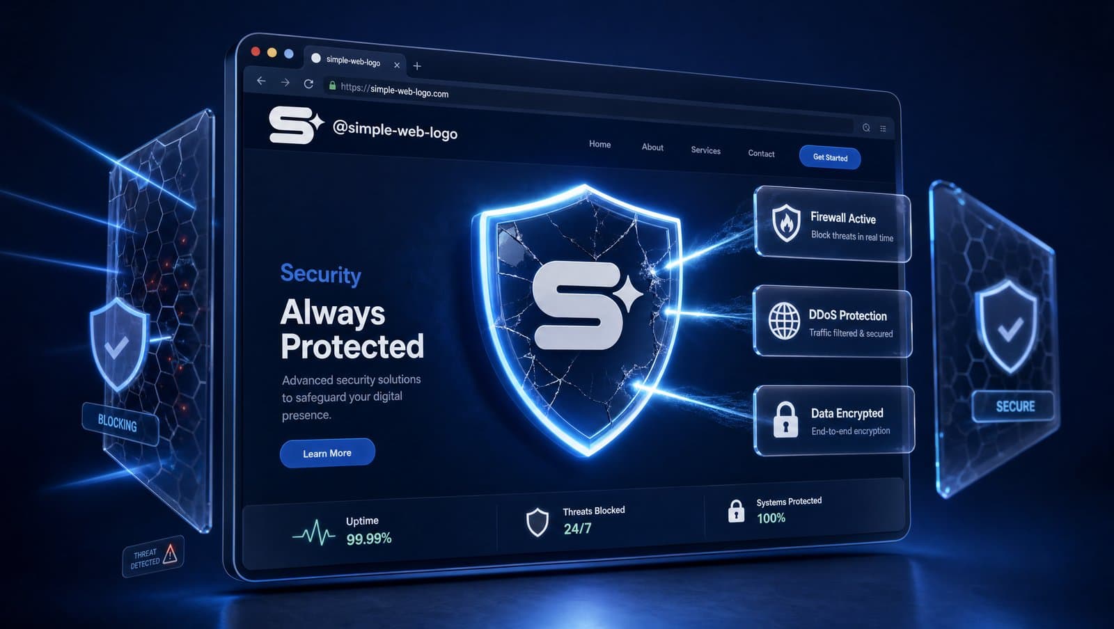 3D website interface showing security warning shields on a dark navy theme