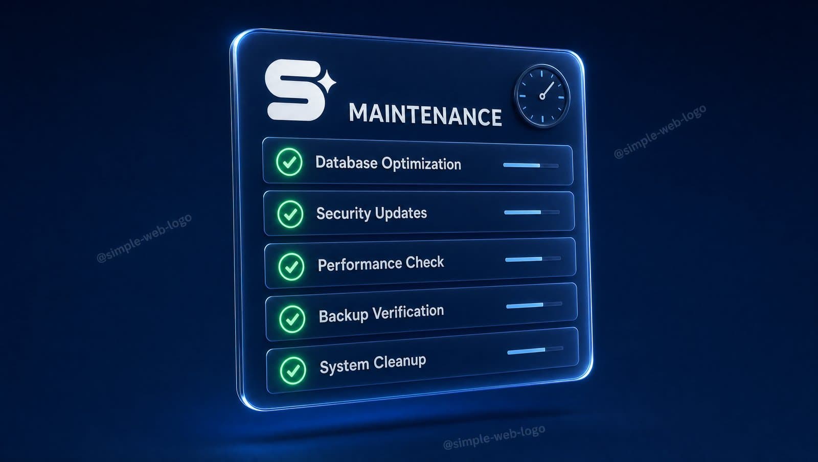3D checklist dashboard showing green verification checks on a dark navy backdrop