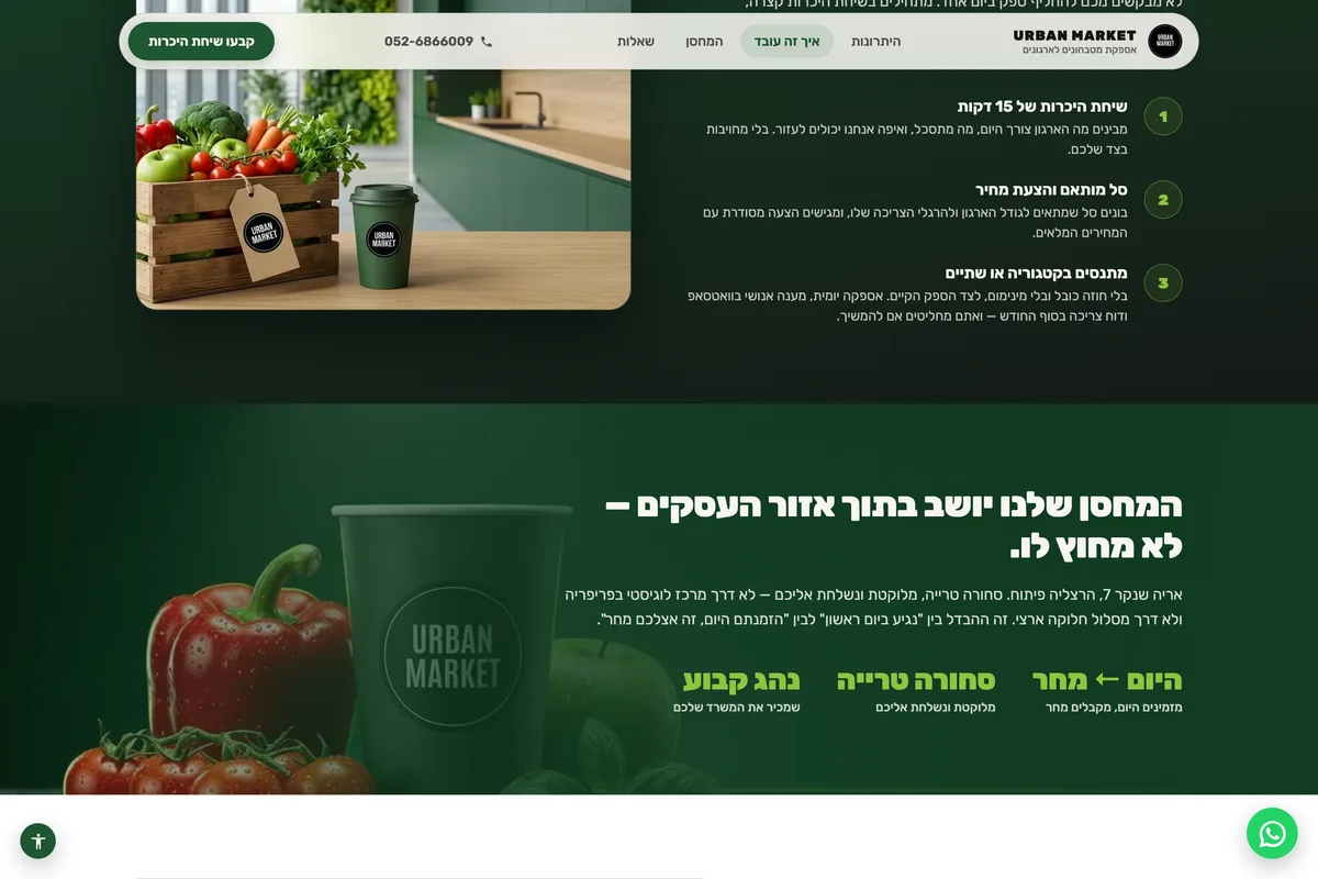 צילום מסך מדף הנחיתה החי של Urban Market — תהליך ההתחלה והמחסן