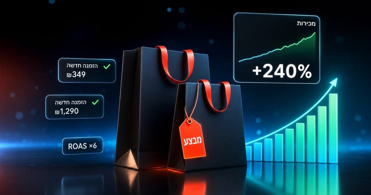 E-commerce store marketing: shopping bags with a sale tag, a sales growth graph, and new-order notifications