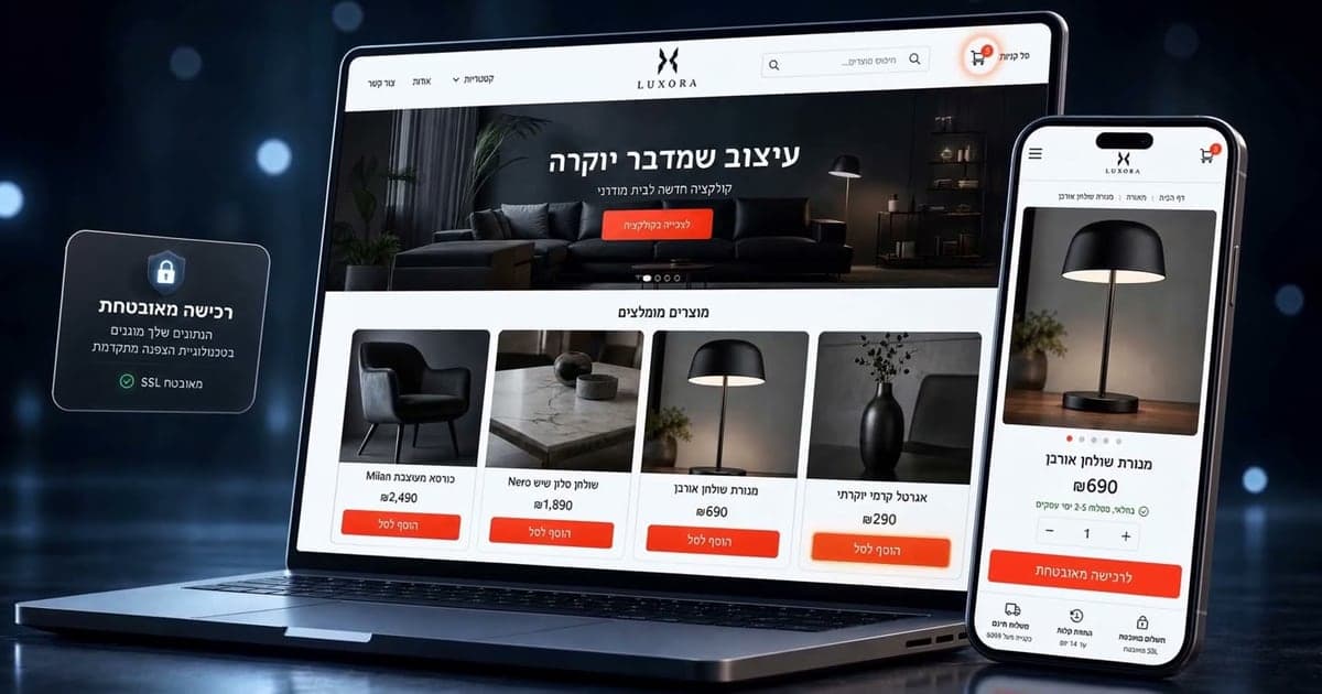 סרטון תצוגה: חנות אונליין במחשב נייד ובסמארטפון — קטלוג מוצרים, עמוד מוצר ורכישה מאובטחת