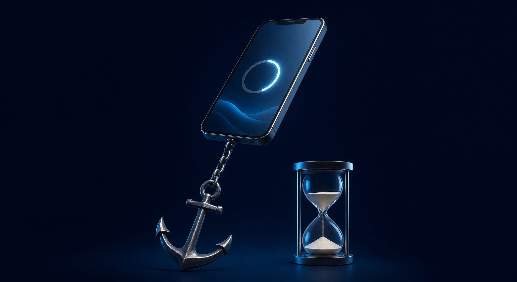 A phone with a slow loading indicator and a heavy anchor pulling it down — a slow website loses visitors
