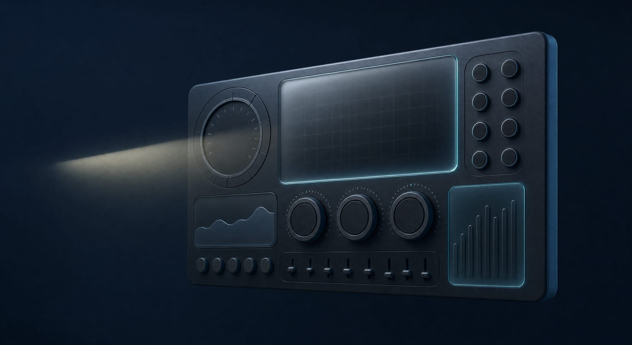An empty 3D dashboard with switched-off gauges — a website without conversion tracking doesn't know what works