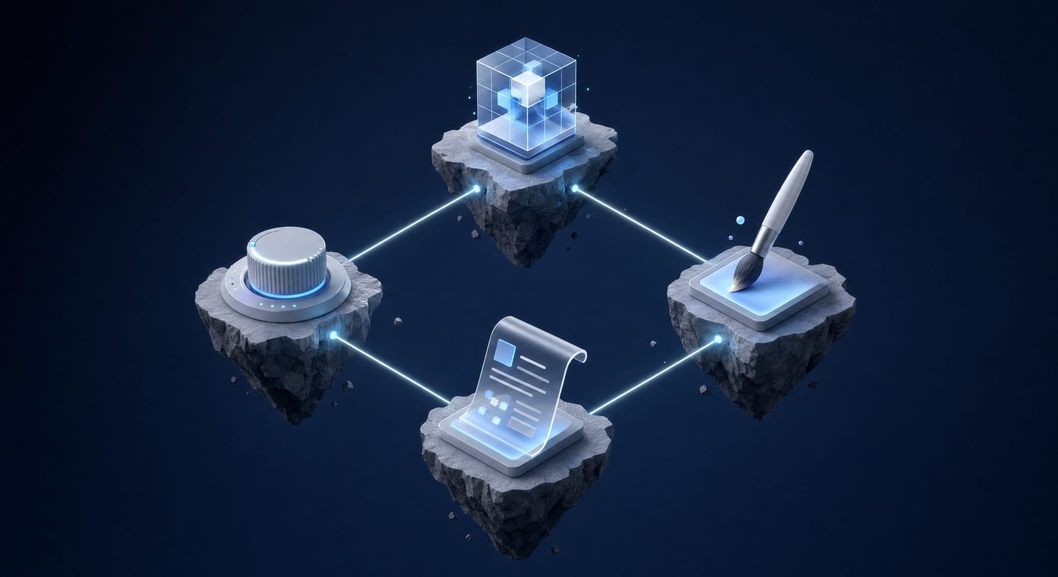 Four 3D islands connected by beams of light: data, creative, optimization and content