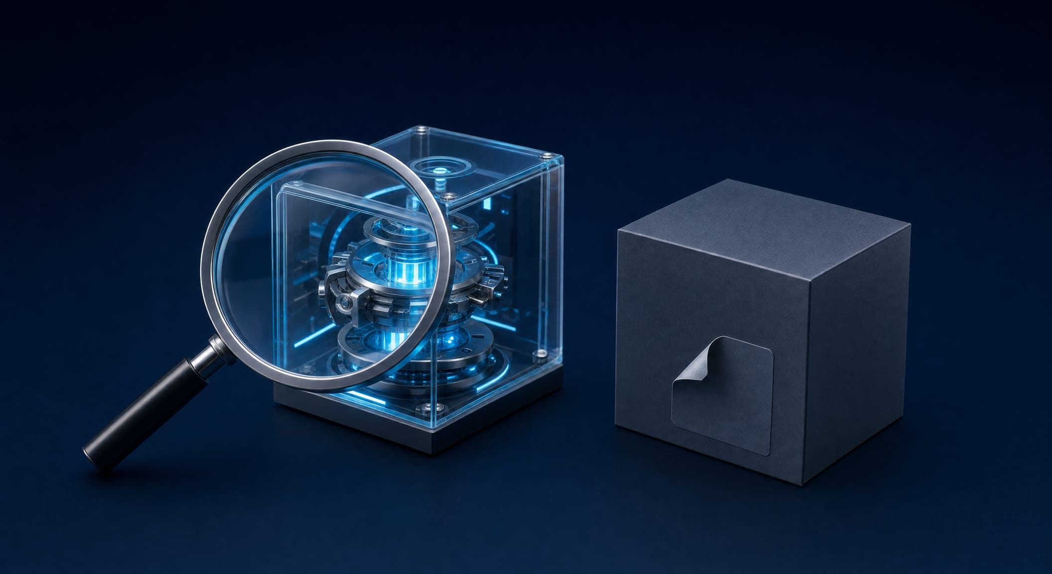 A magnifying glass examining a transparent box with a glowing AI mechanism inside next to an opaque box — how to spot a real AI agency