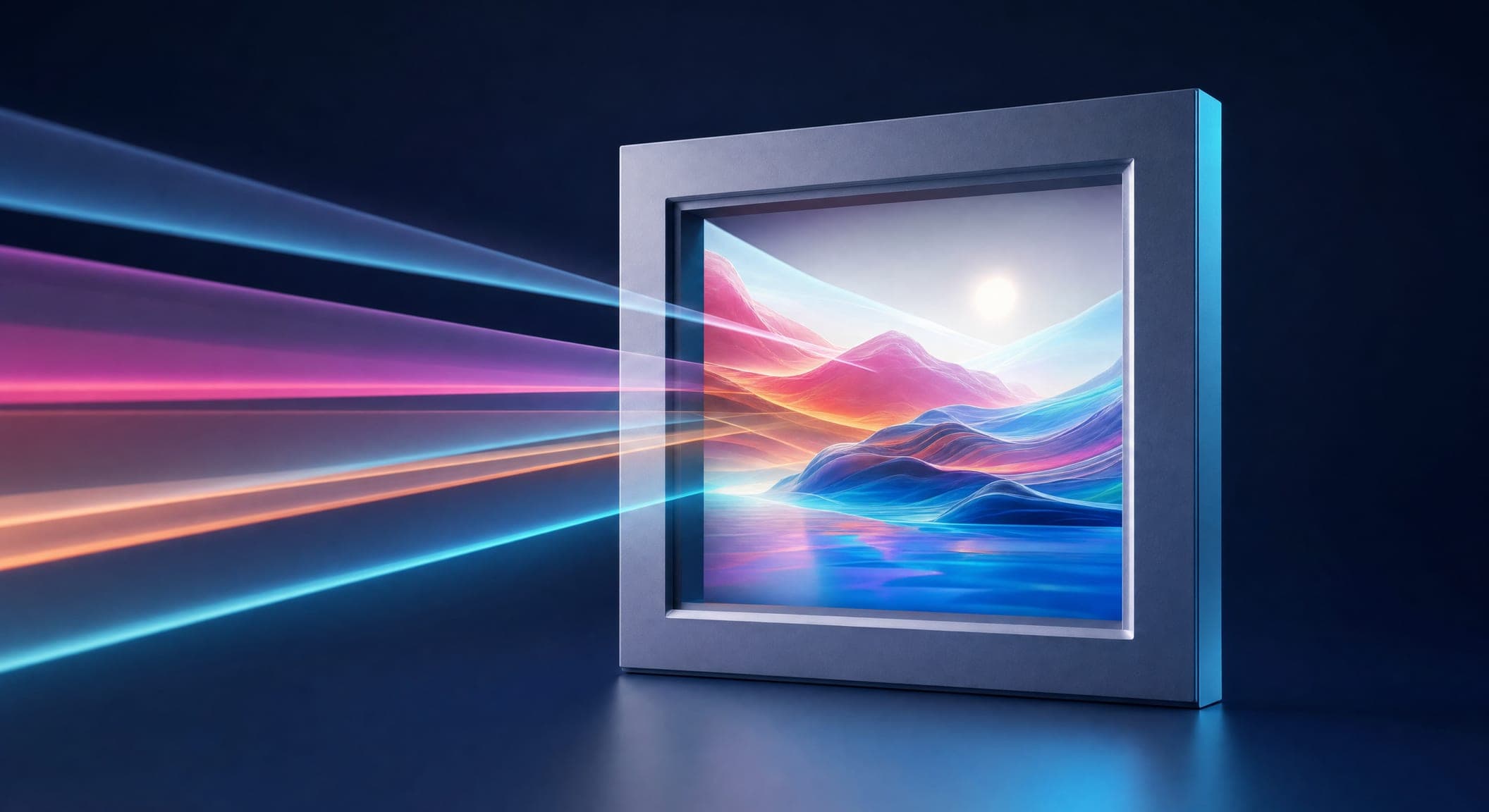 An empty 3D picture frame filling with rays of light that form a colorful scene — creating marketing images with AI