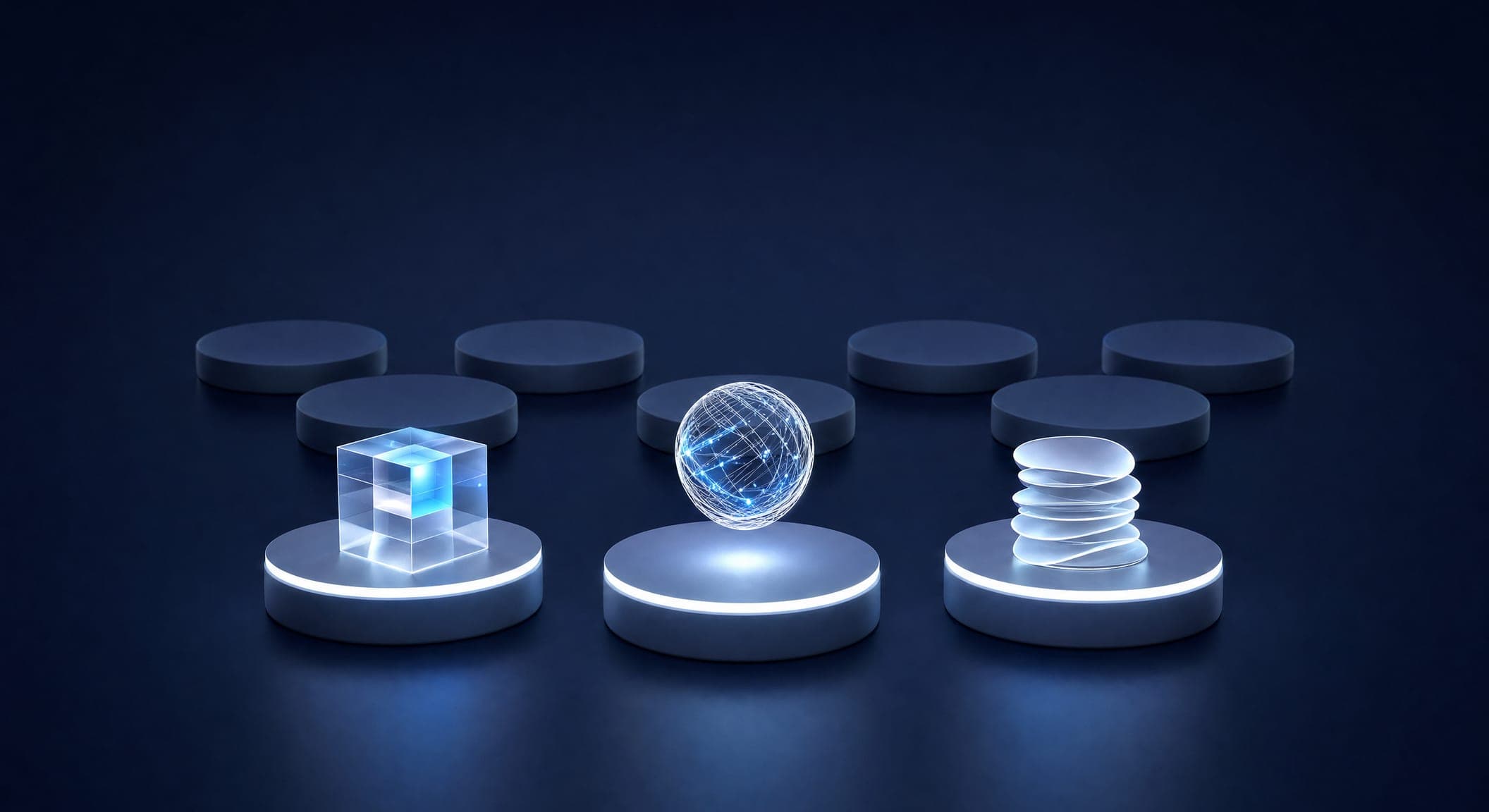 Three lit pedestals in front and seven dark ones behind — how to start with three AI tools