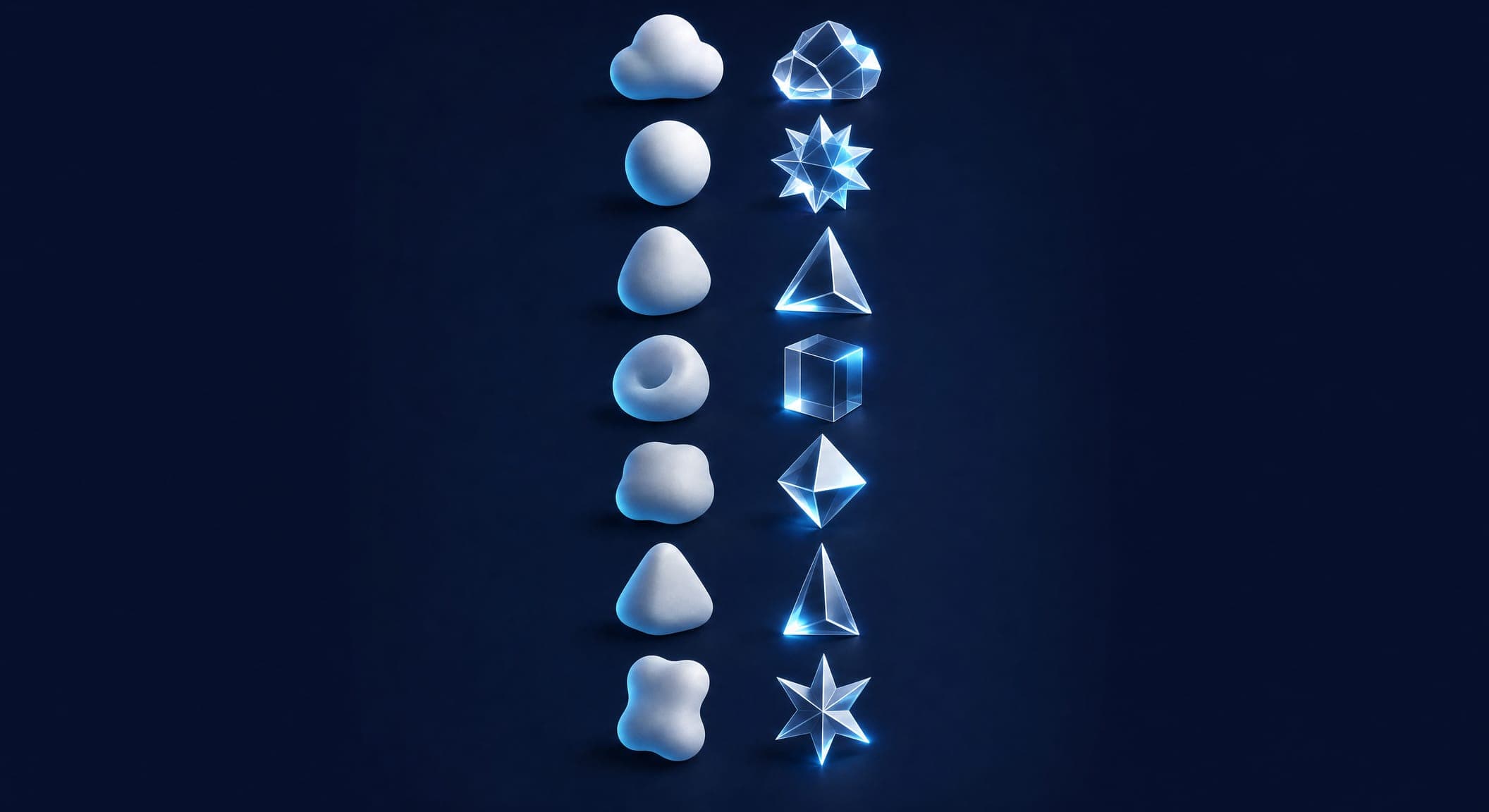 Seven pairs of contrasting shapes in a column, soft vs. sharp — the differences between a brand website and a sales website