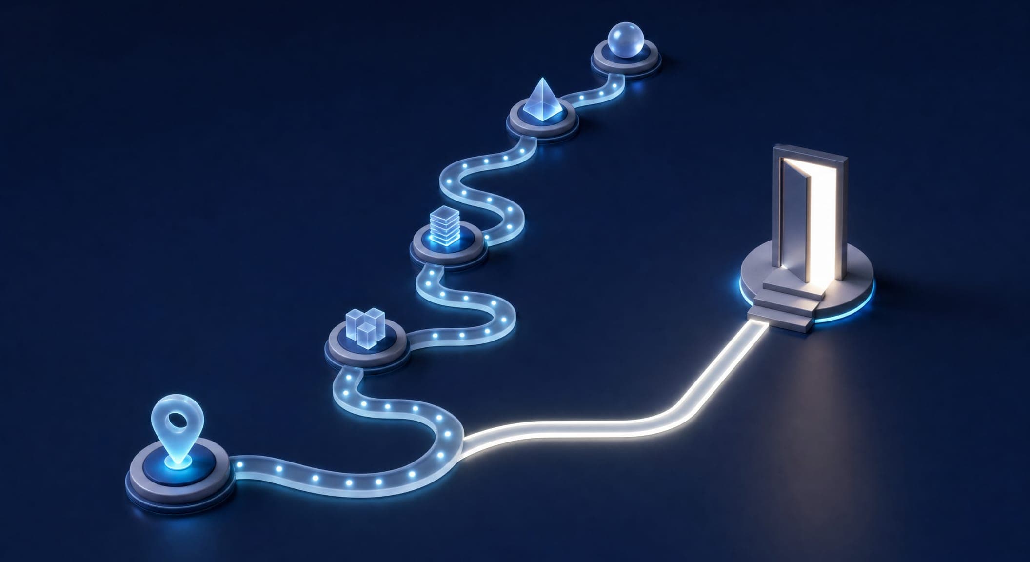 A path of light splitting into a long winding route and a short direct route to a door — choosing a brand or a sales website