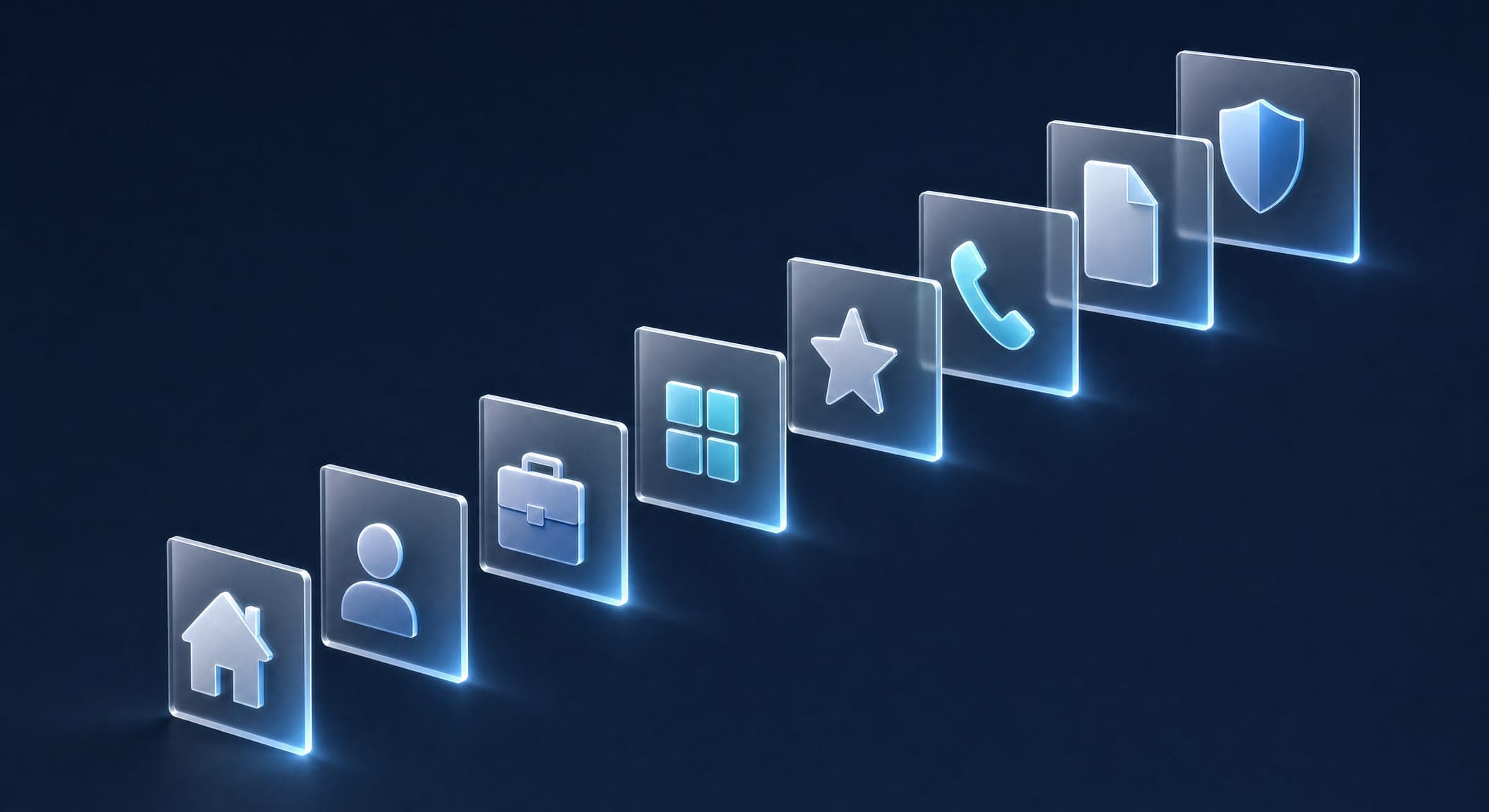 Eight glass website-page panels arranged like stairs, each with an icon shape — the brand website checklist