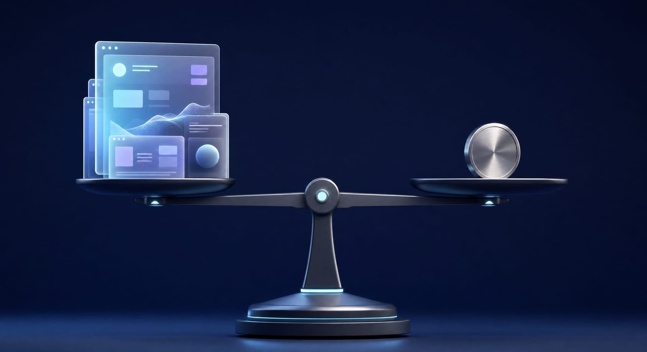 3D scales with website pages on one pan and a metal disc on the other — how much building a brand website costs