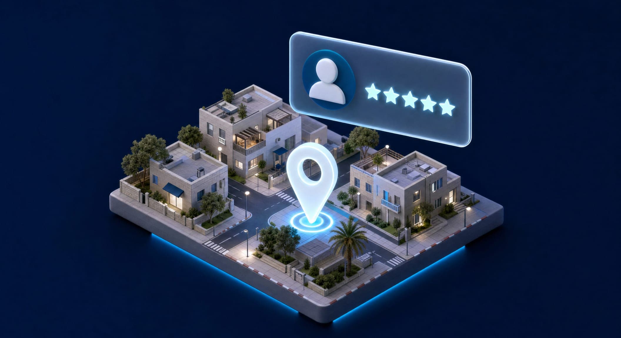 A map tile with a glowing location pin and a floating profile card with star shapes — a Google Business Profile for a local business