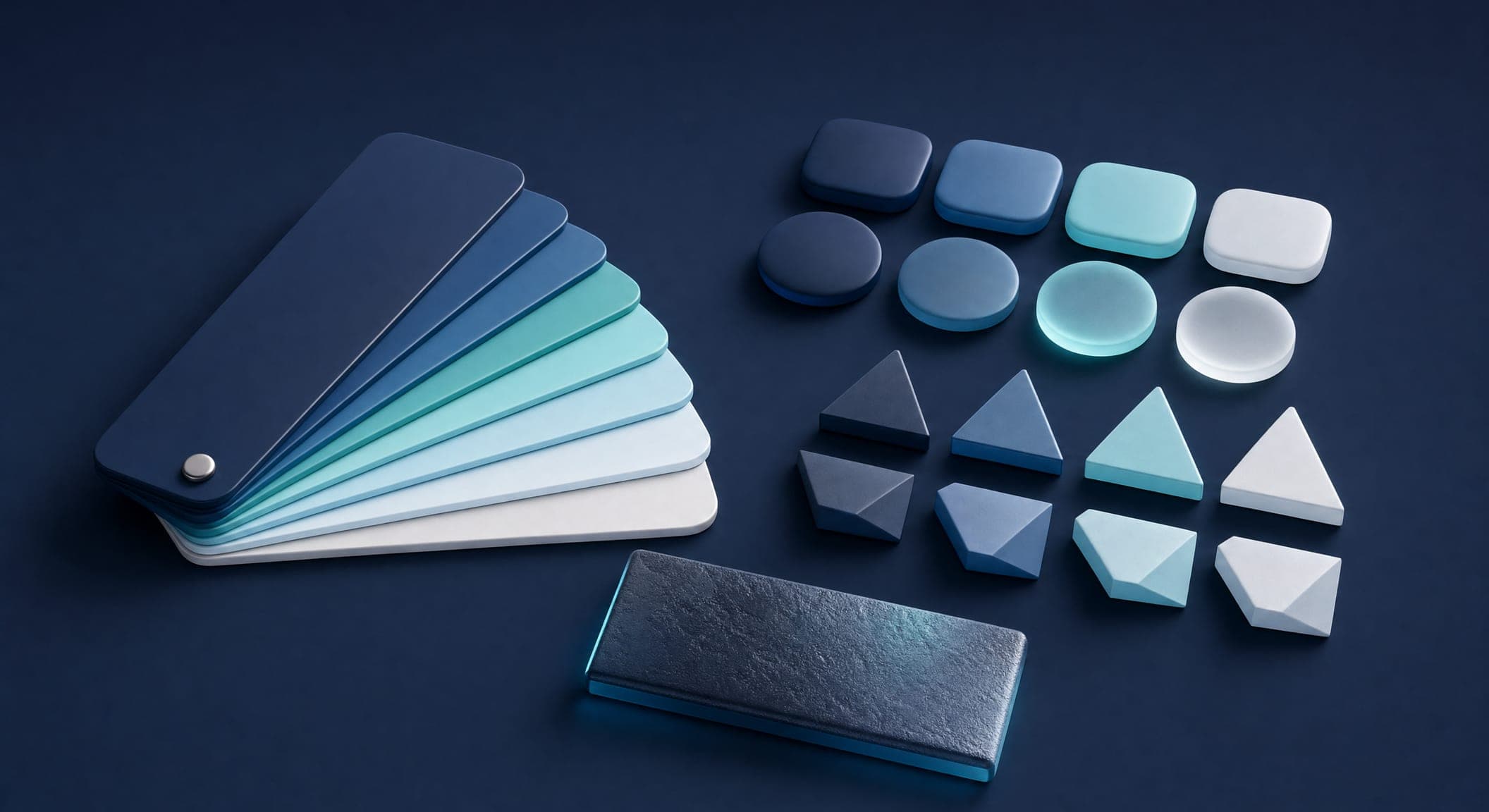 A 3D palette of color swatches spread out with two families of shapes and a texture sample — a brand's visual language