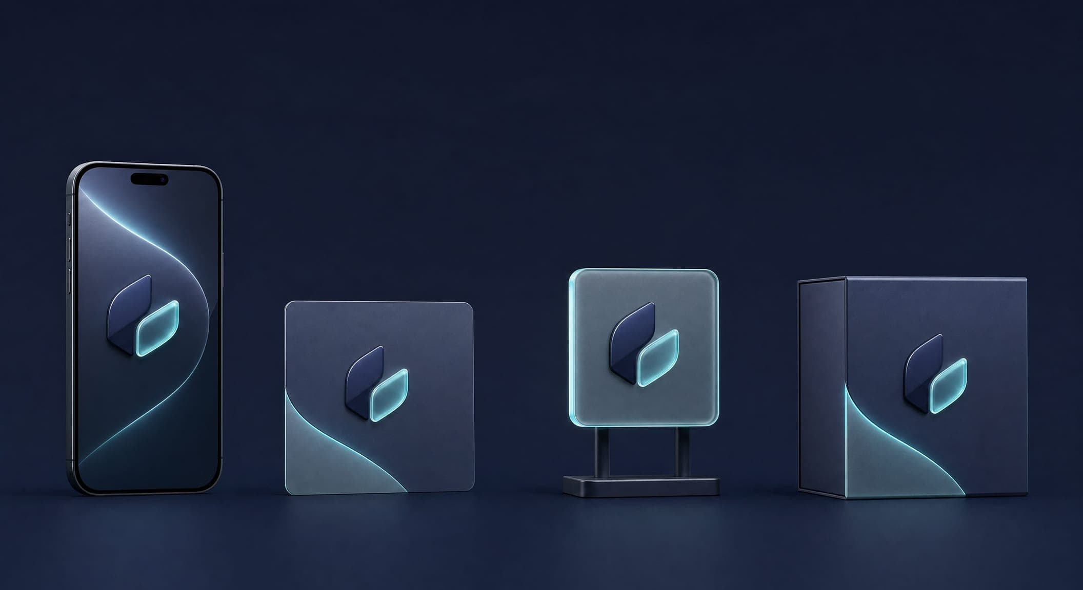 A phone, a card, a sign and a box carrying the same symbol and the same colors — consistent branding across every channel