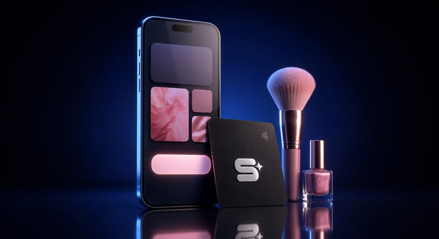 A beautician's business card on a phone screen next to an NFC card and a makeup brush
