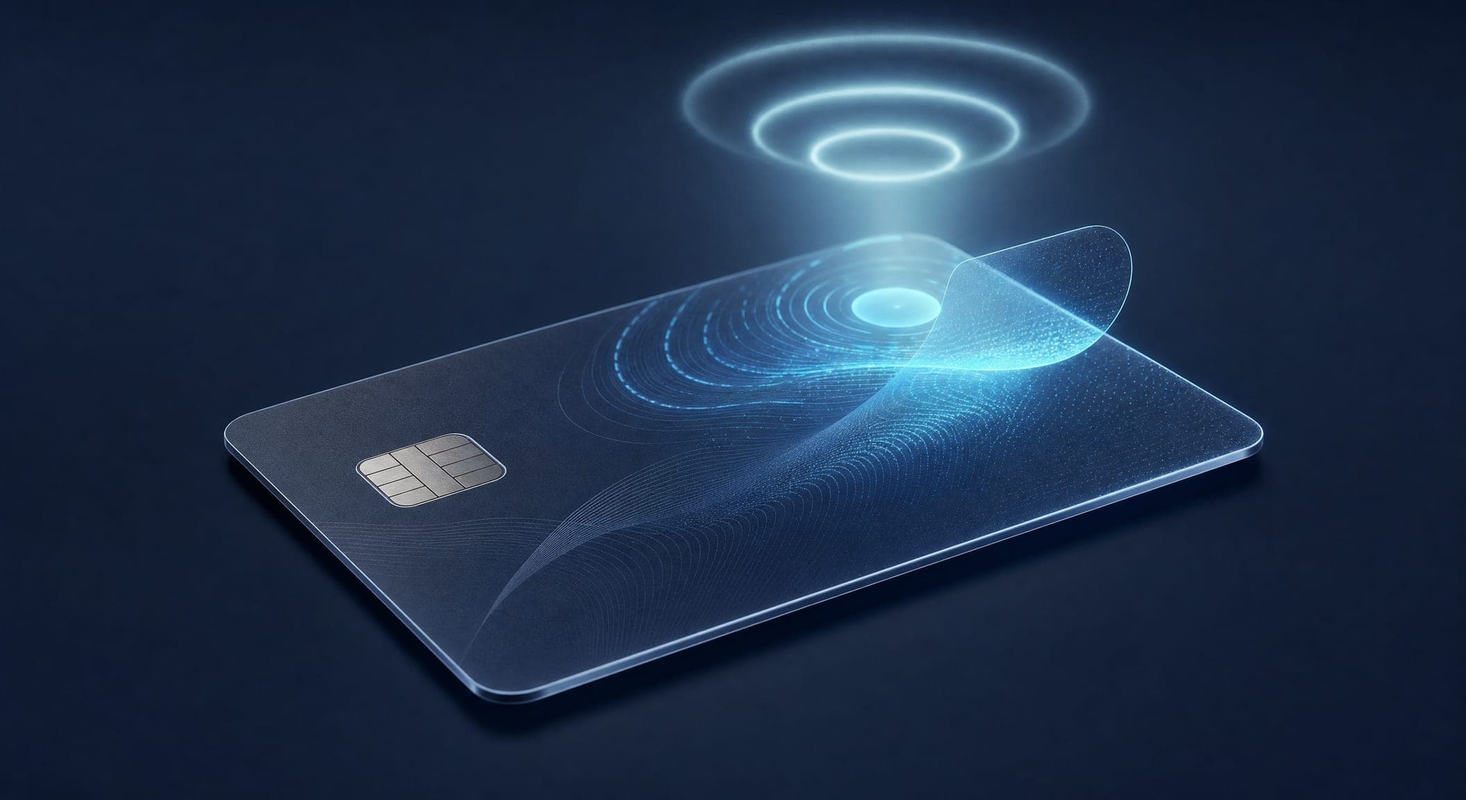A printed business card with a glowing holographic layer rising above it — a physical and a digital card together