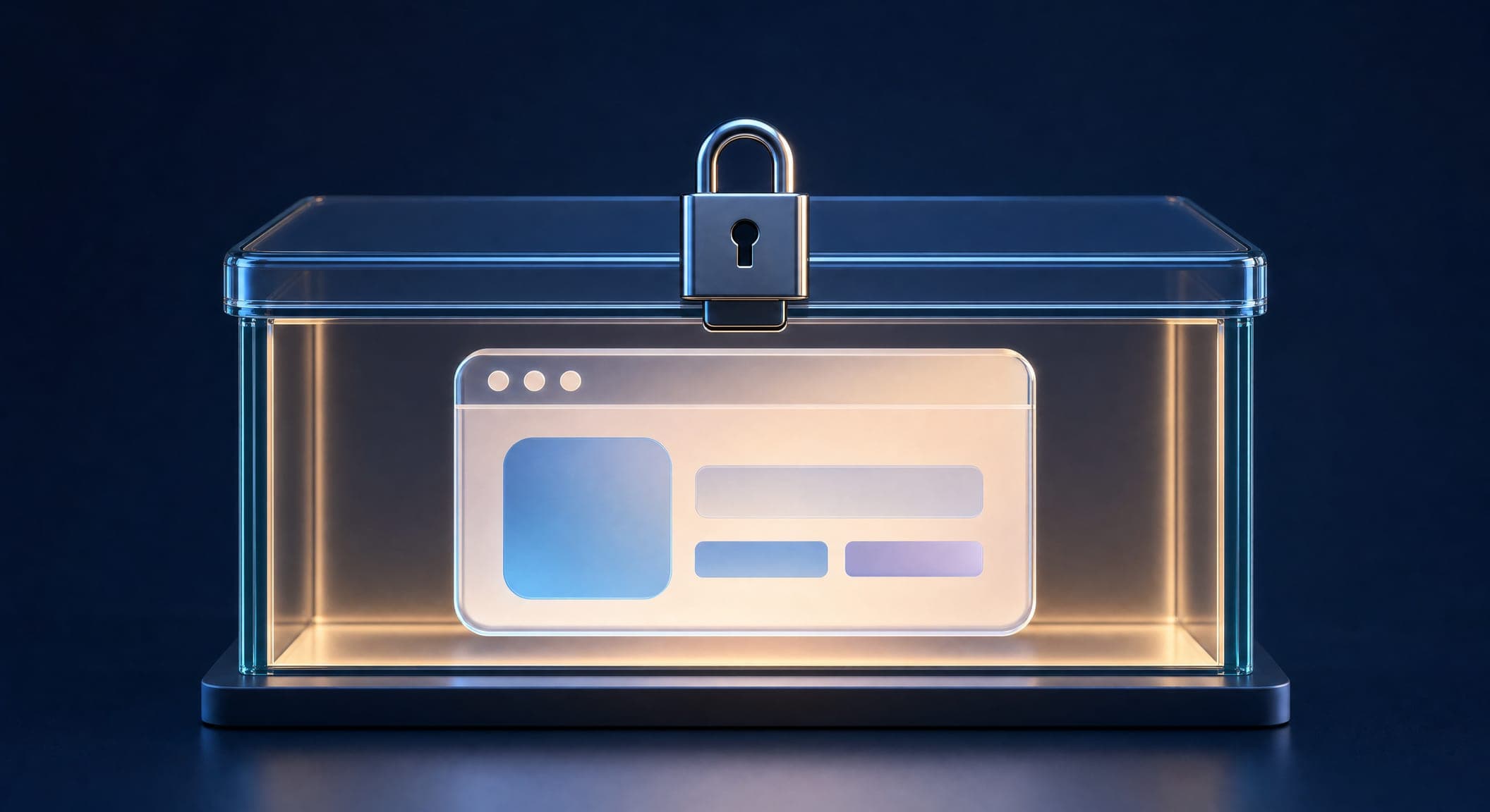 A closed website builder: a website window inside a locked glass box with a padlock, comfortable inside but with no way out