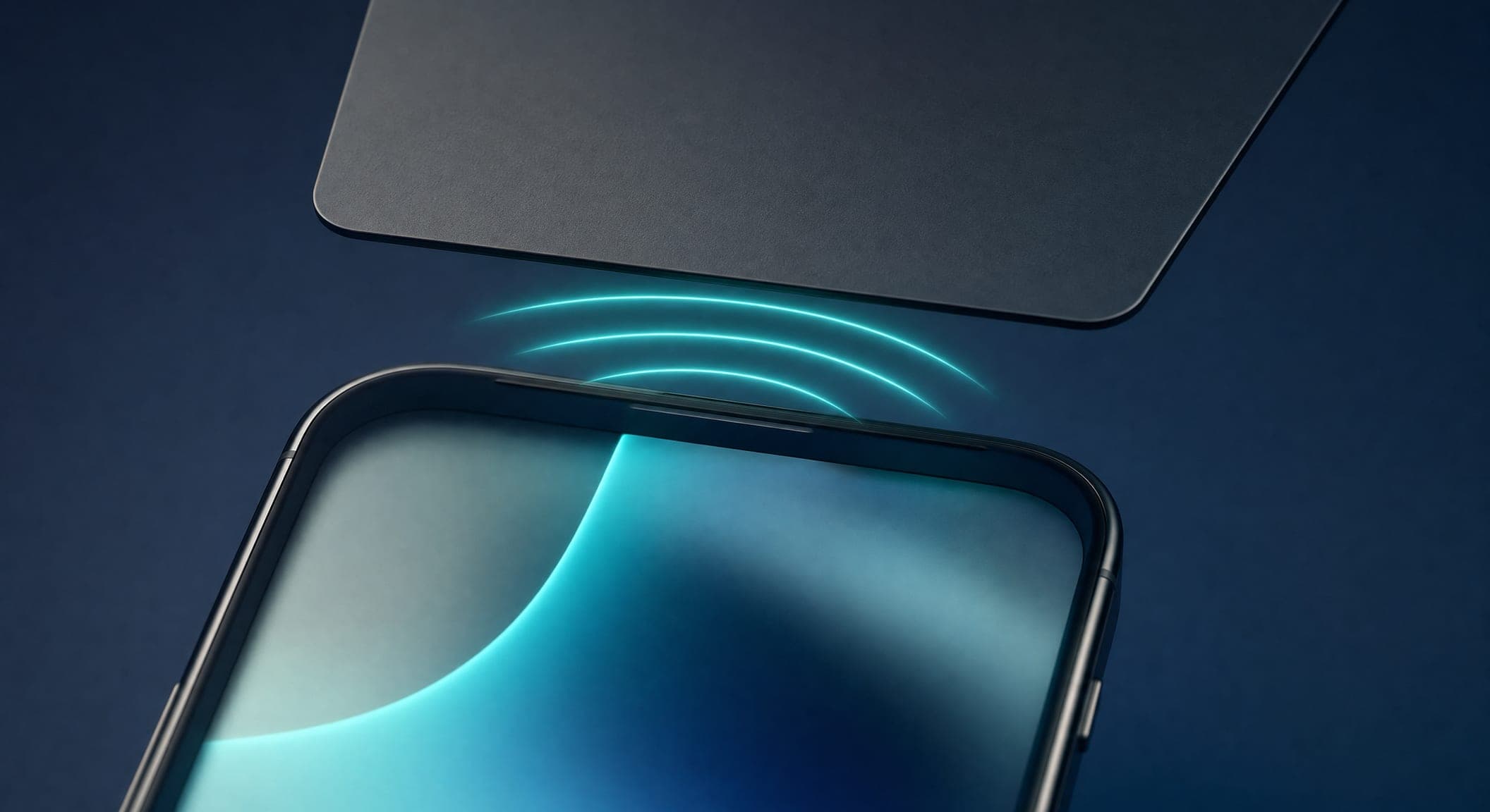 An NFC card held against the top of a phone, with soft signal waves passing between them
