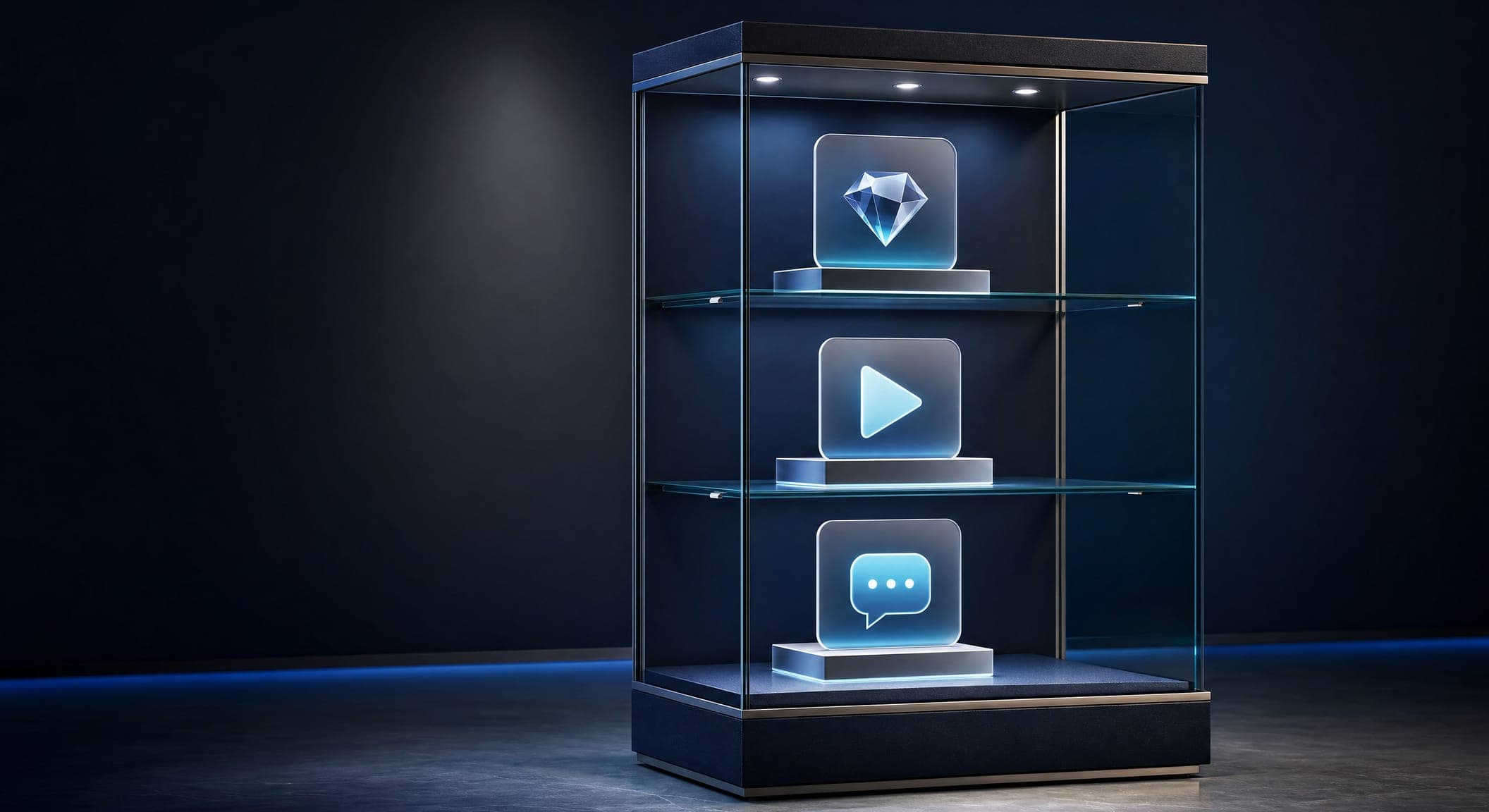 The parts of a jeweler's card: a gallery, a short video and a message button arranged like a shop-window display