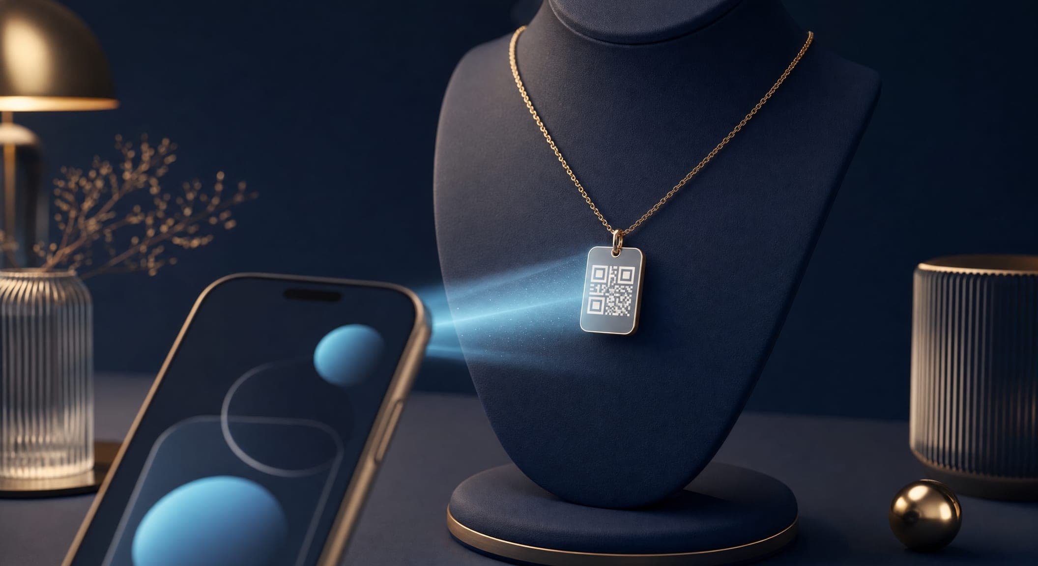 A QR code on a jewelry price tag in a store leads to the digital card on the customer's phone