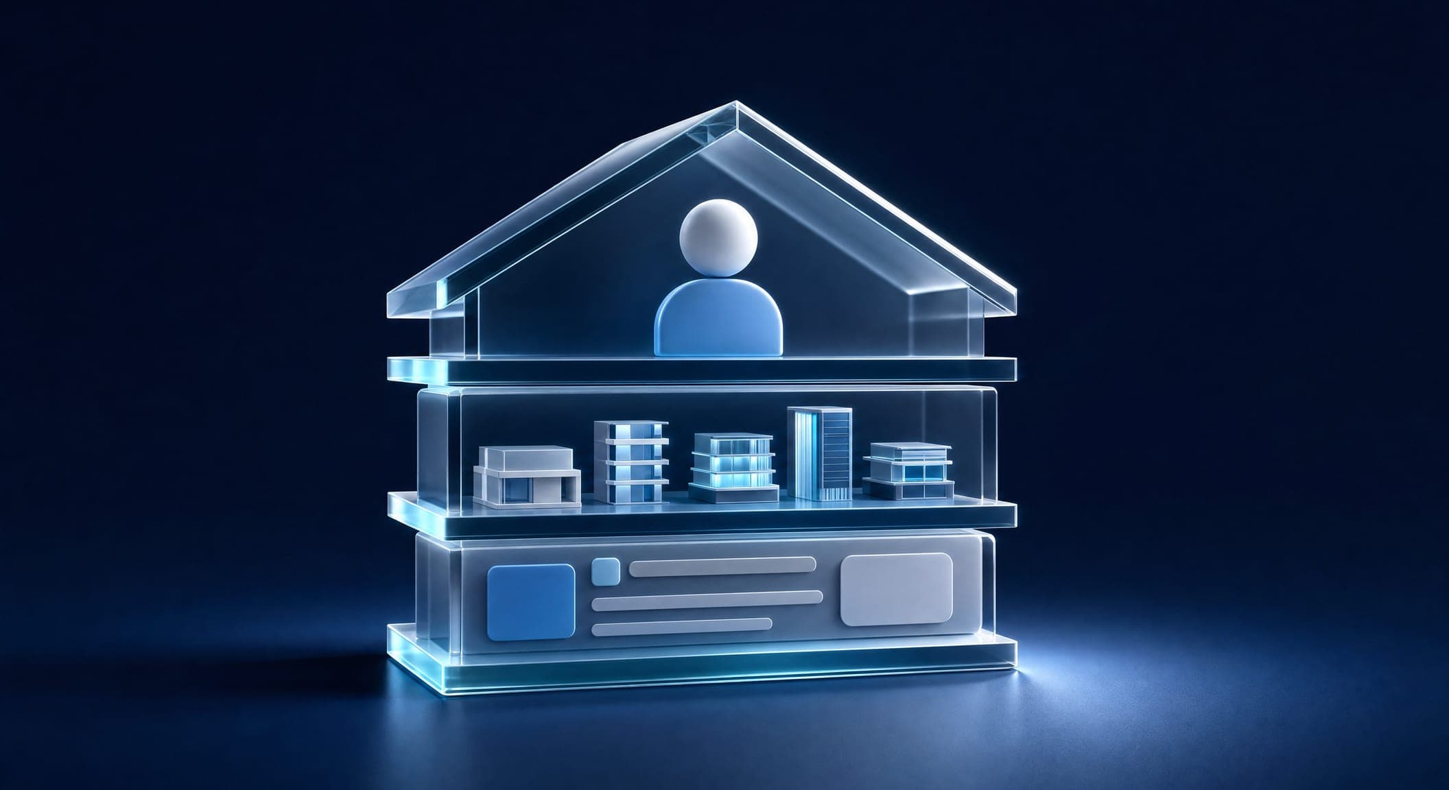 The structure of an agent's digital card: profile, listings and form building blocks stacked like the floors of a small house