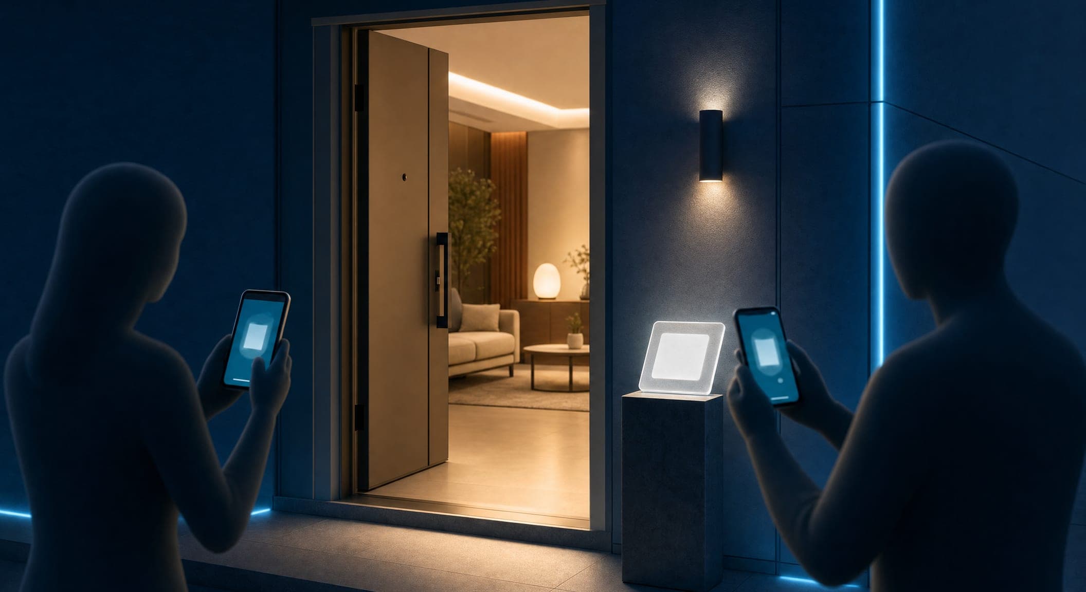 An open house: a small stand with a QR code next to the front door, with visitors scanning it on their phones