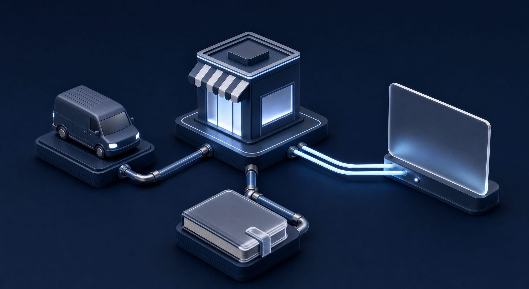 The connections behind the store: a credit card, a delivery truck and a calculator linked to one store by glowing cables