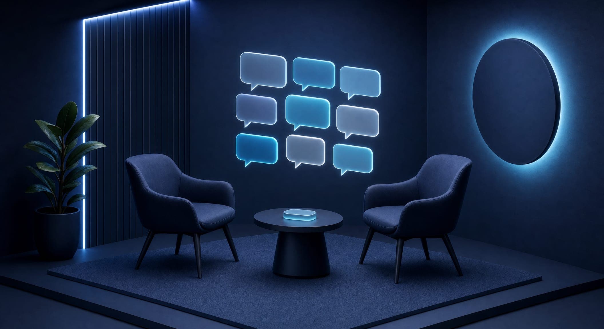 Two chairs facing an empty table, with a series of glowing question bubbles floating above them
