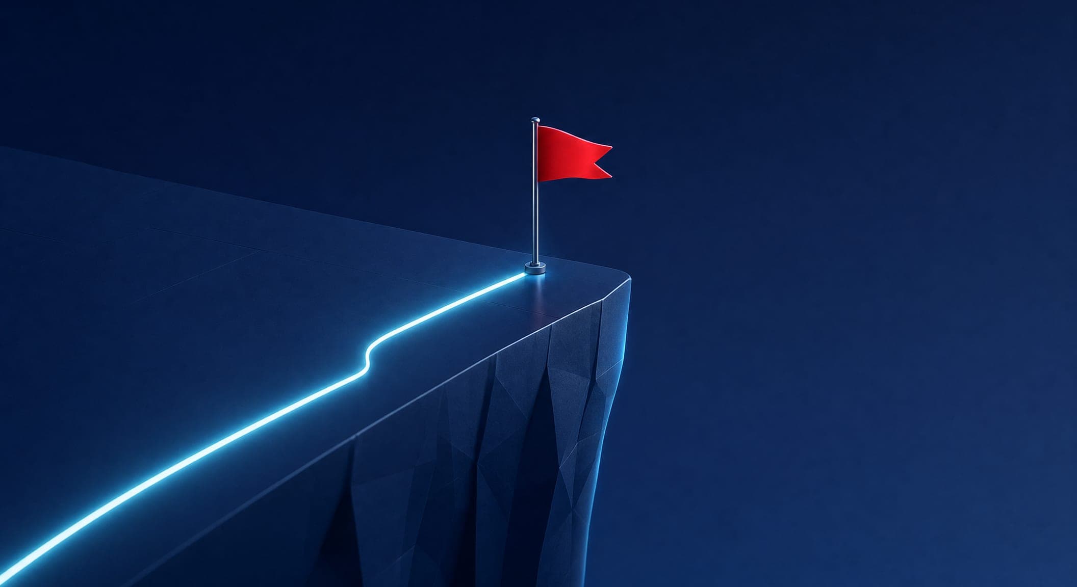 A single red flag planted in dark blue ground, with a path behind it that ends abruptly