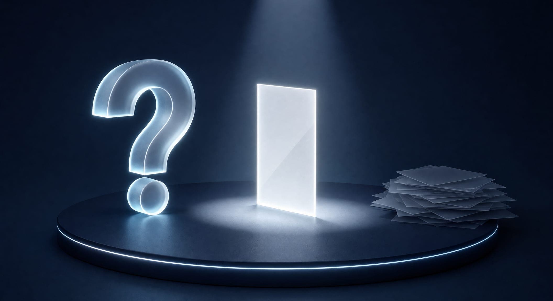 A large glowing question mark facing a single clear, lit page instead of a stack of blank pages