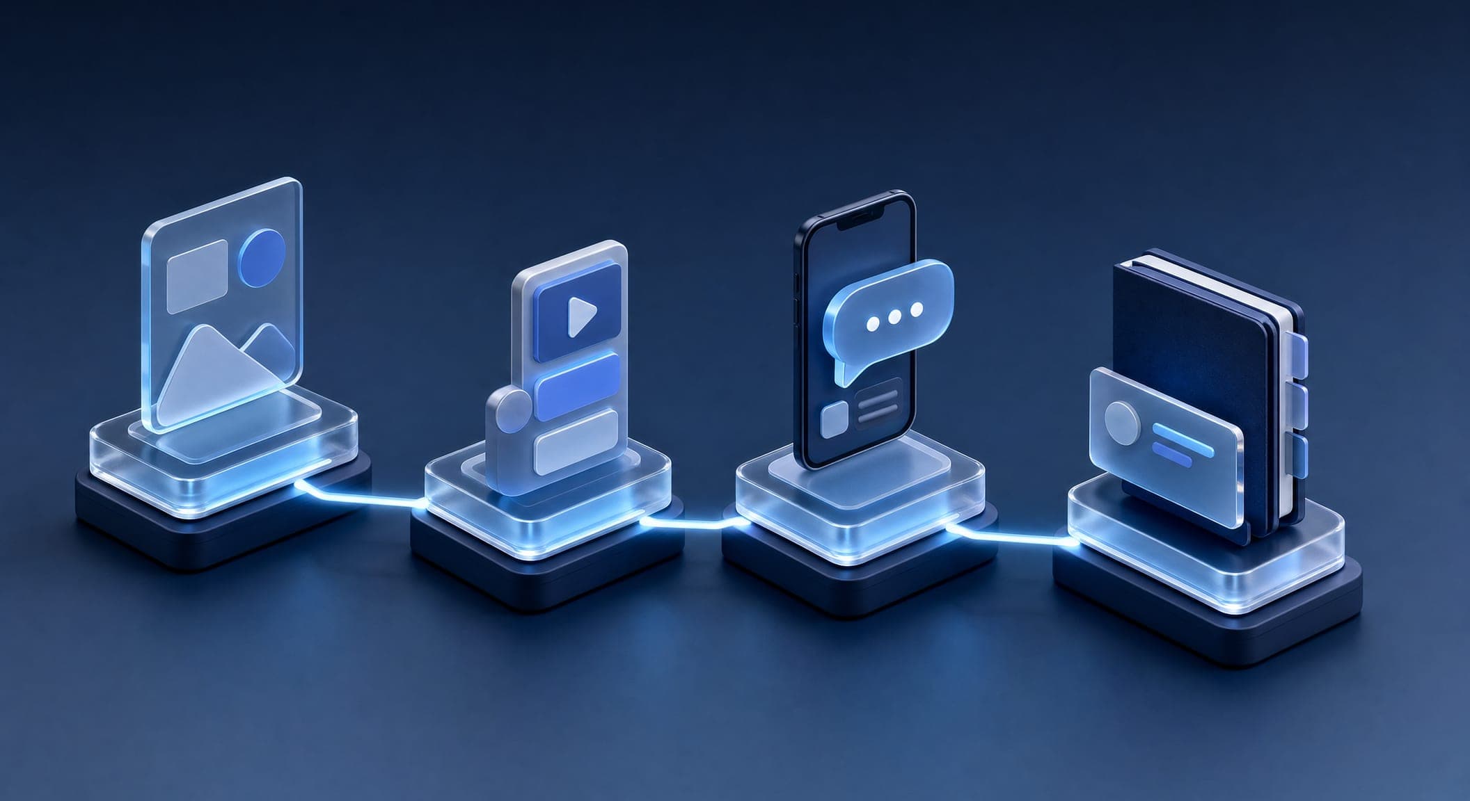 Four 3D cells connected by a glowing line: an ad, a form, a message on a phone and a card saved in contacts
