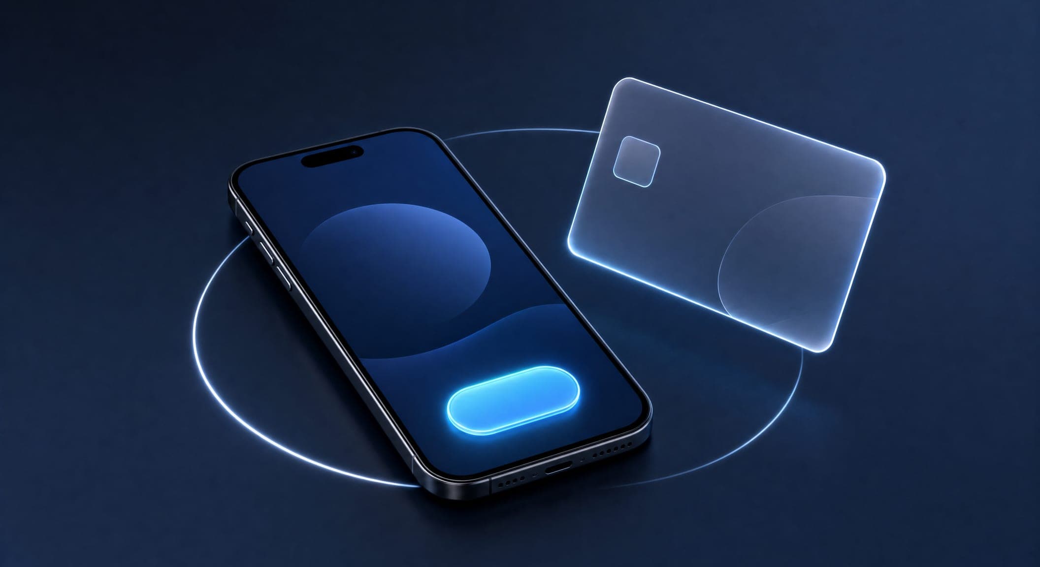 A mobile phone showing a large payment button with a transparent credit card floating beside it, a symbol of a landing page with payment processing