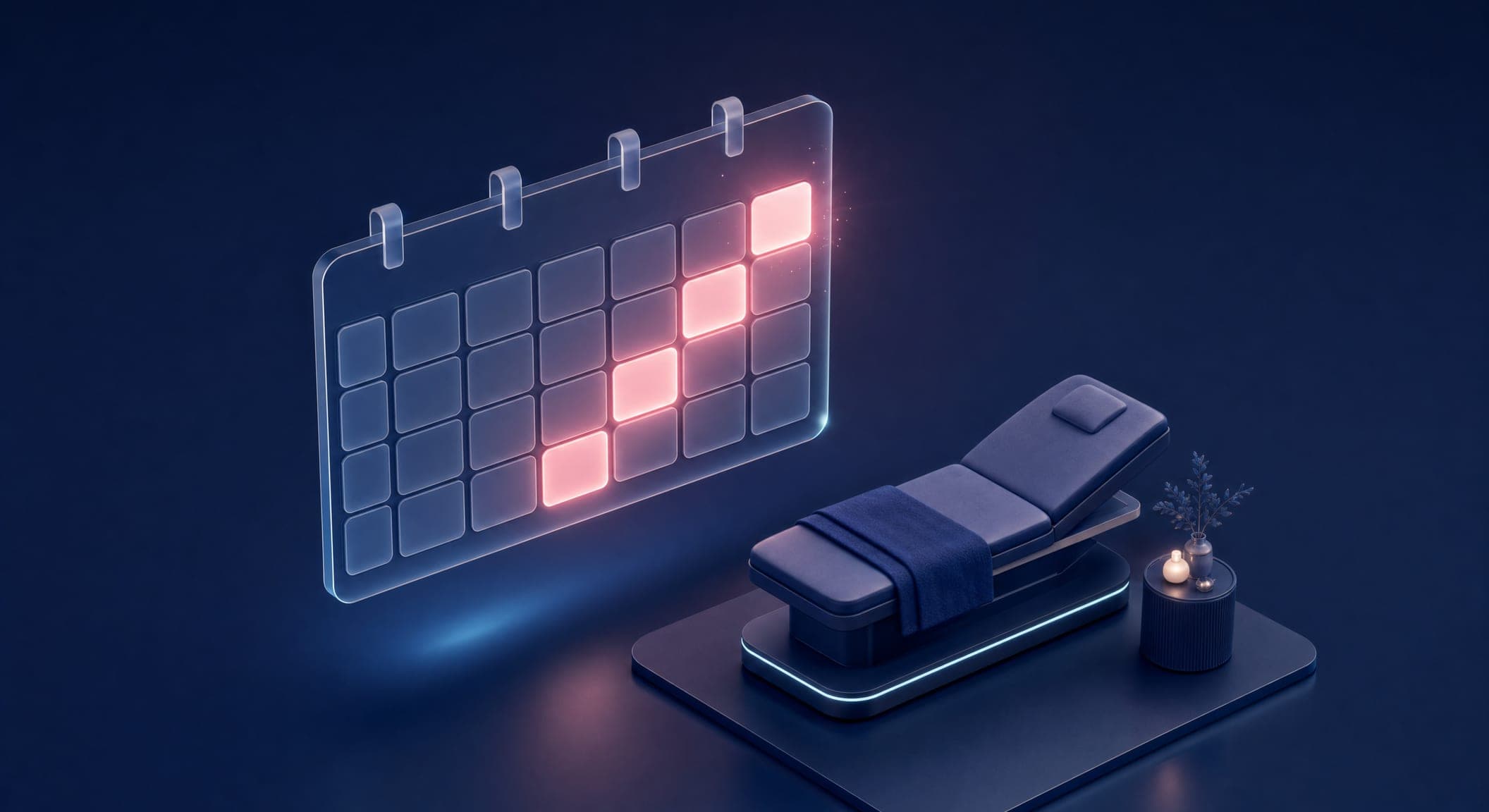 A 3D calendar whose slots light up one after another, next to a small treatment bed