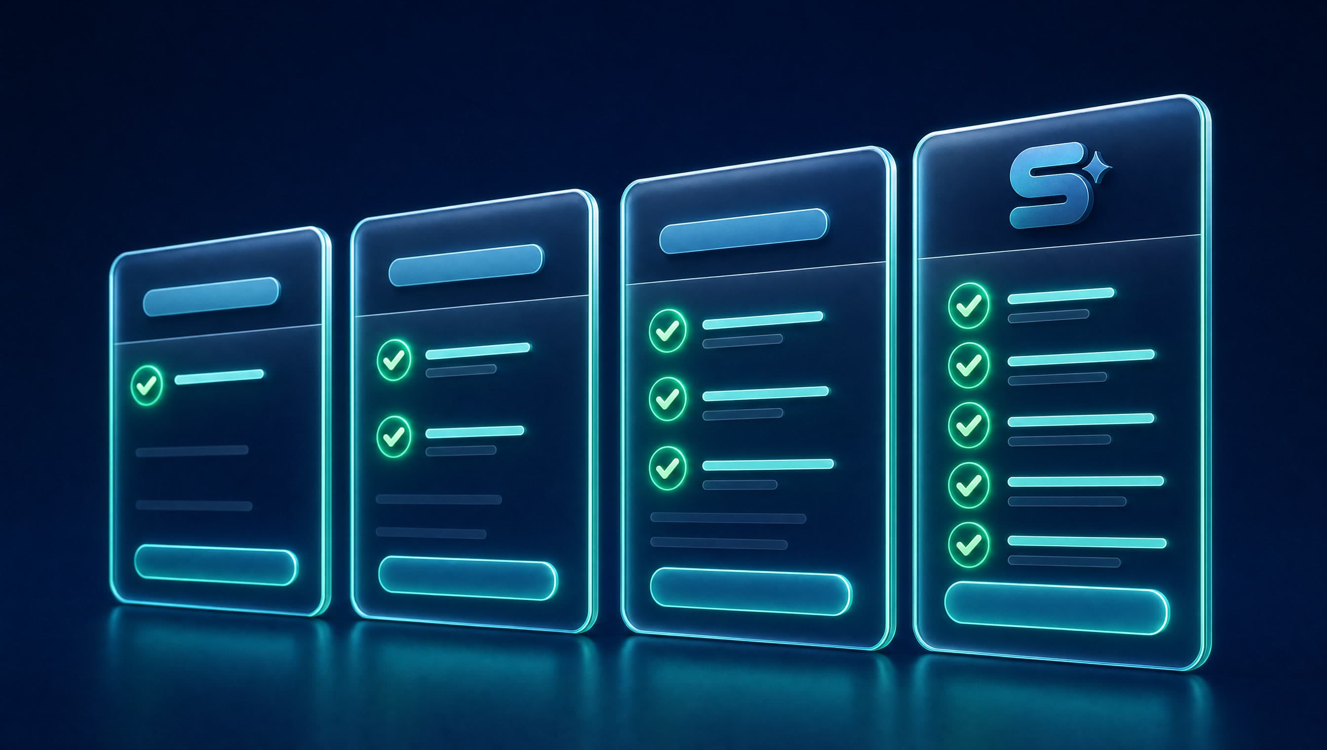 Comparison between four landing page package tiers displayed as floating glass UI cards with checkmarks