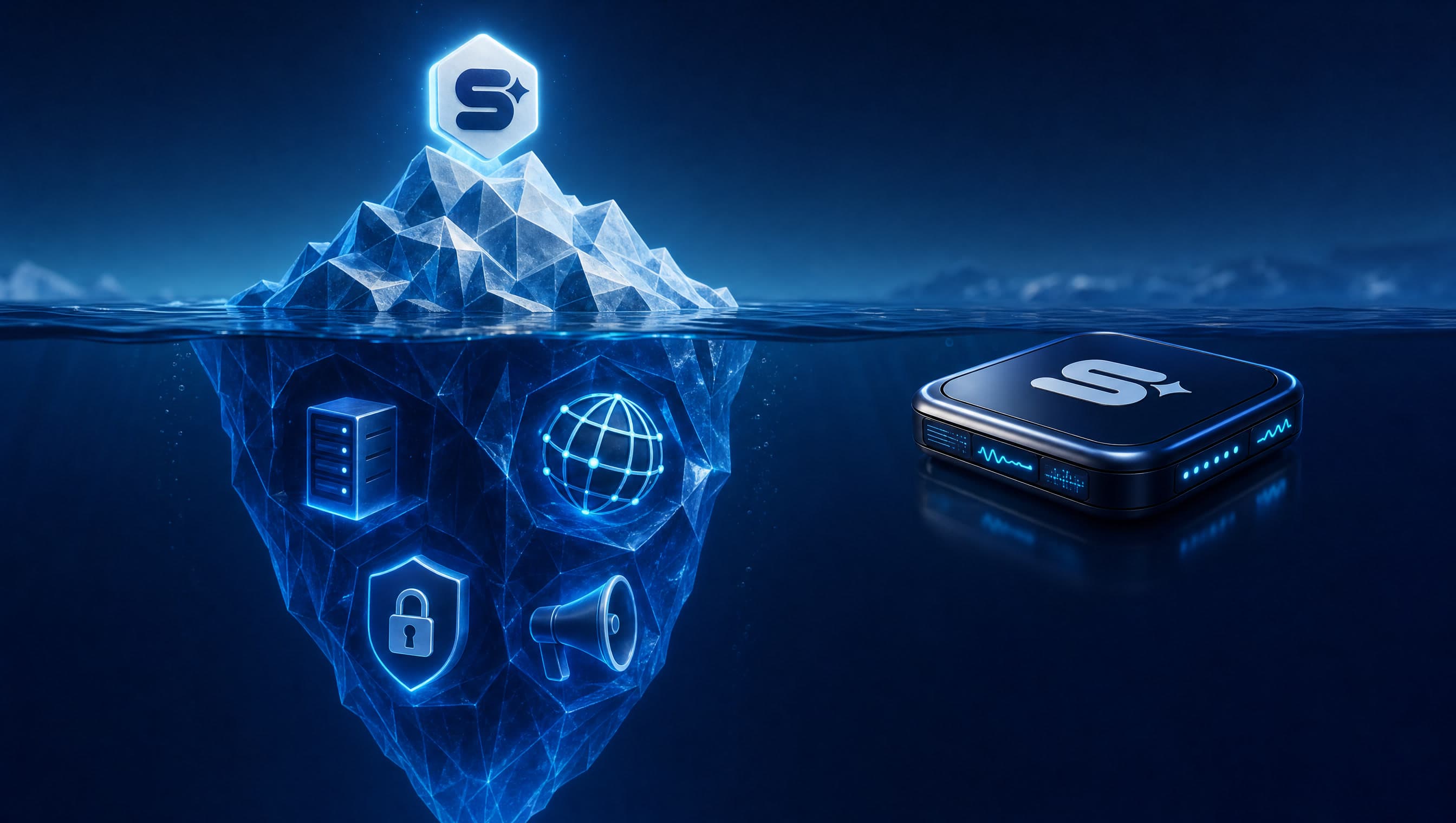 3D conceptual iceberg illustrating the hidden ongoing costs beneath a landing page's initial price tag