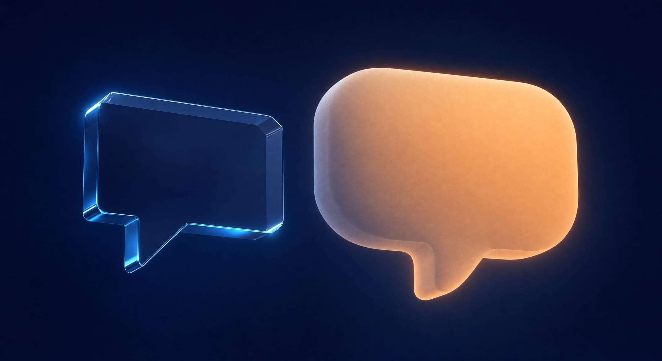 Two 3D speech bubbles, one sharp and cold, the other rounded and warm, a symbol of human language versus sales language