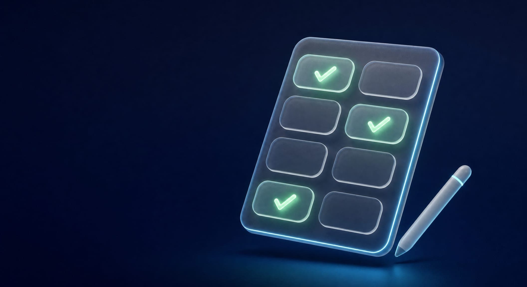 A 3D task board with eight squares, some of them lit in green, on a dark blue background