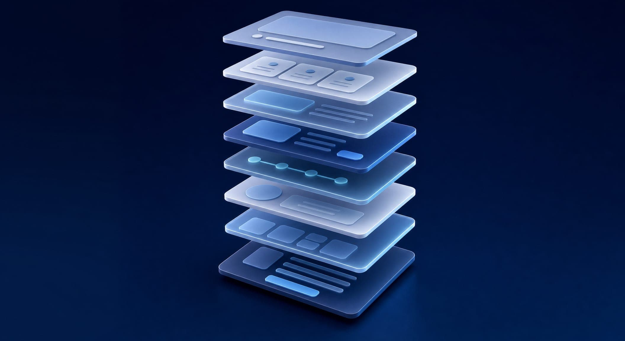 Eight 3D section blocks stacked in a column from top to bottom, illustrating the structure of a landing page