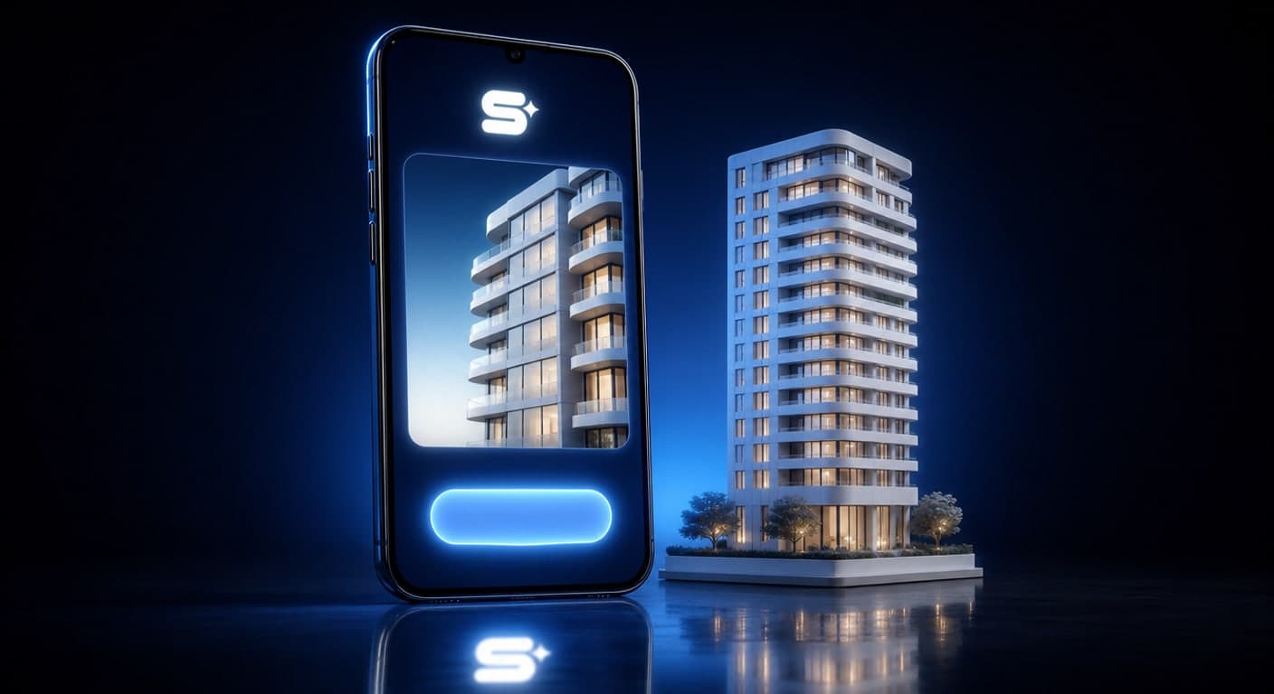 A real estate landing page on a mobile phone next to a 3D model of a residential building