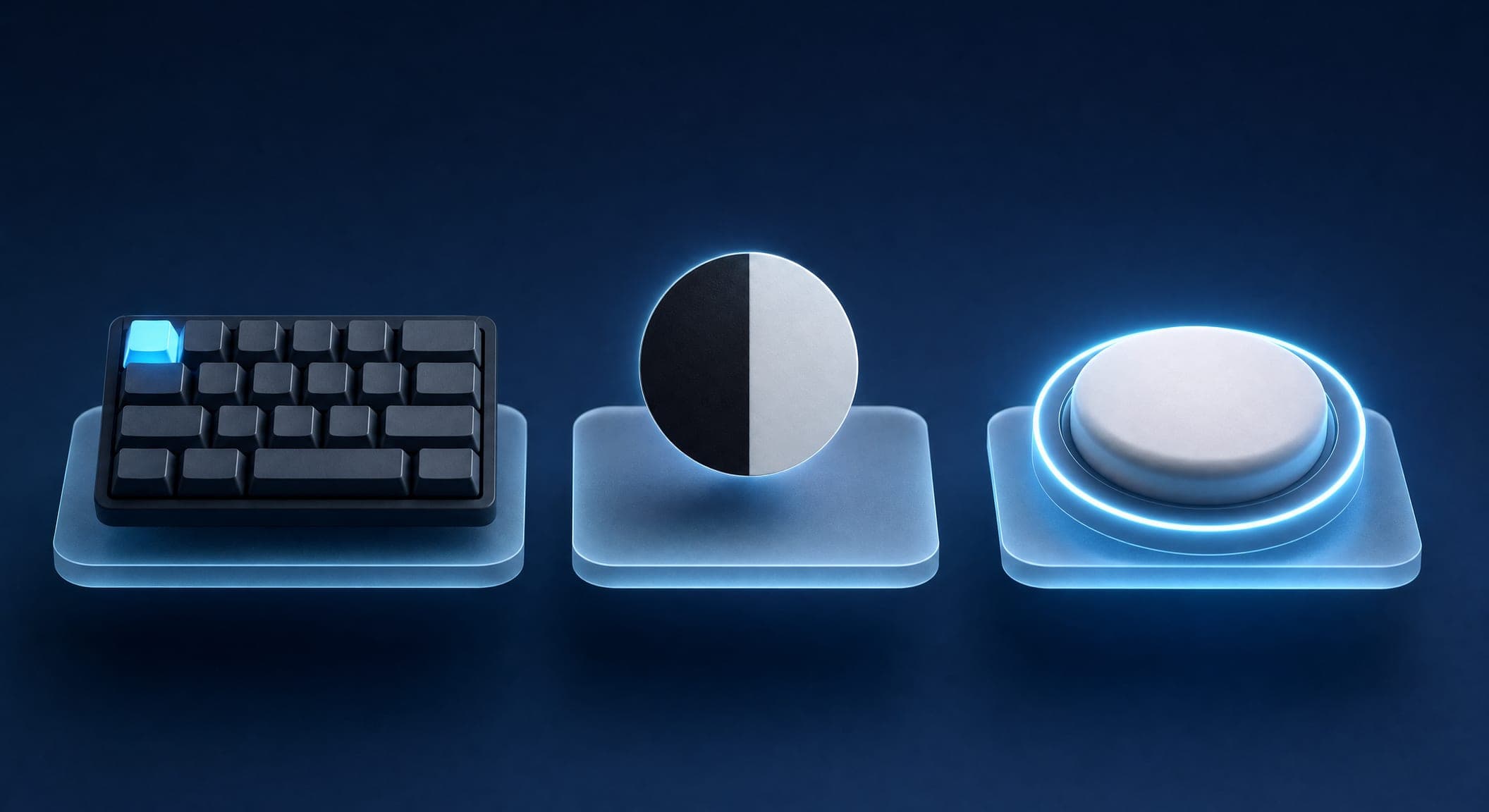 A keyboard, a contrast symbol and an enlarged button arranged as a 3D checklist on a dark blue background