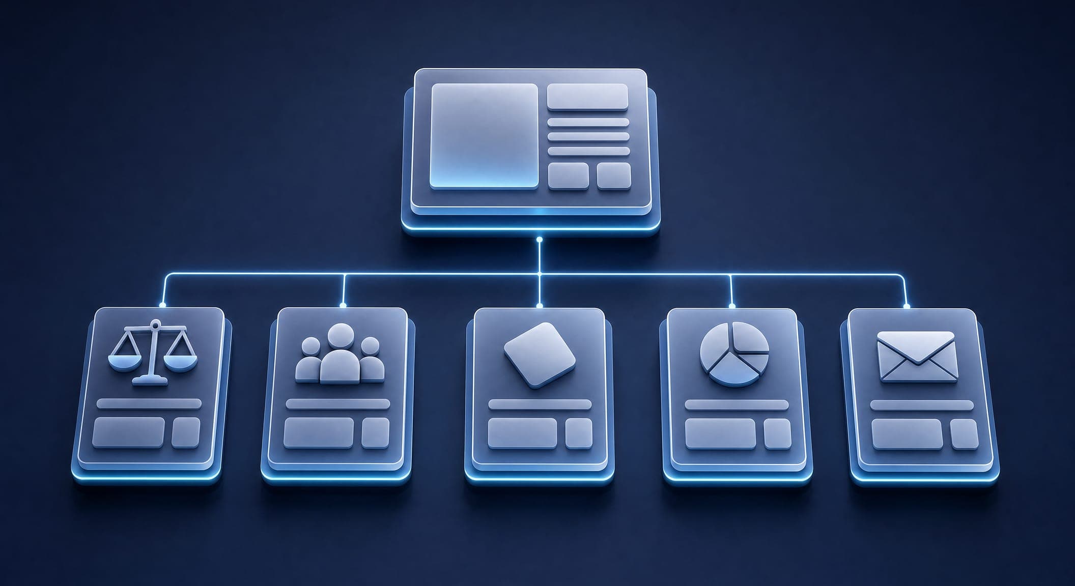 A 3D sitemap: a central homepage branching into practice area, team and contact pages