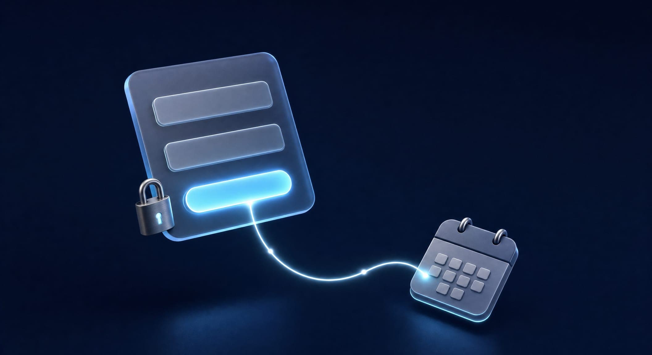 A short contact form with a small padlock and a WhatsApp button leading to a meeting path, on a dark blue background