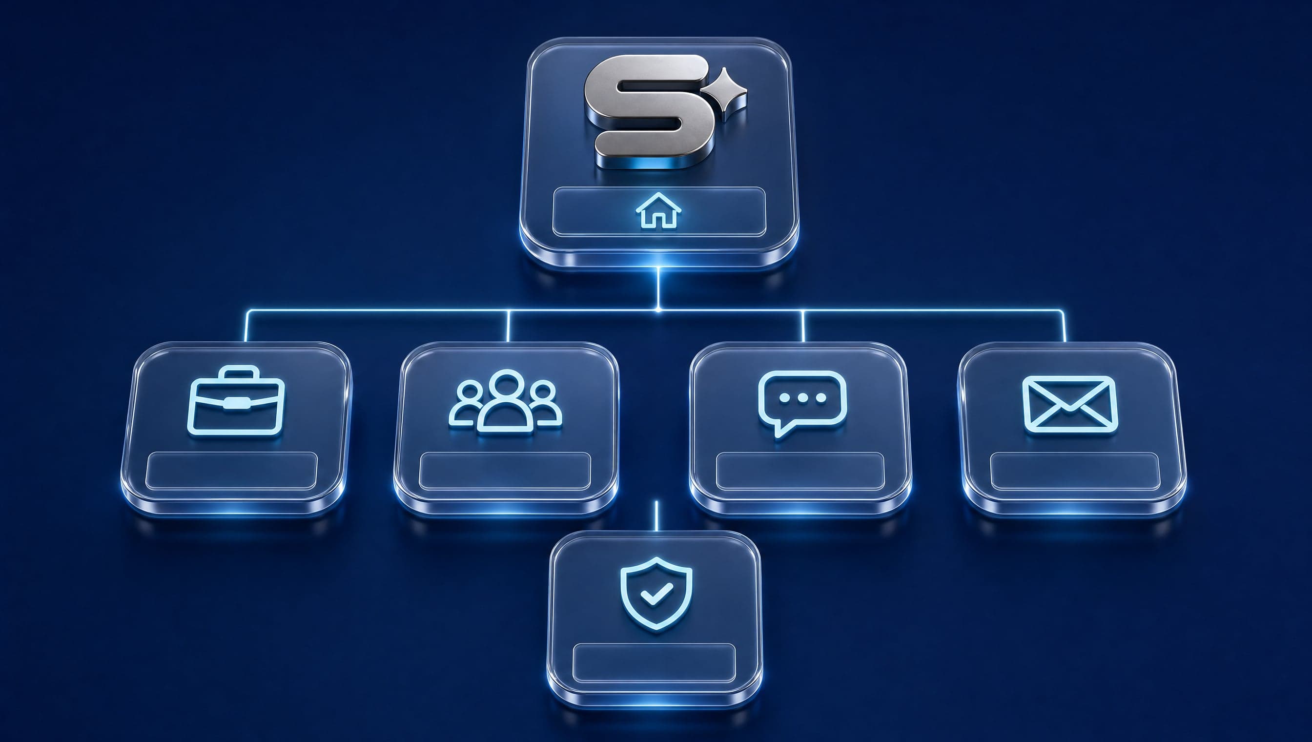 Six glass tiles arranged as a mini sitemap on navy representing the essential pages of a small business website