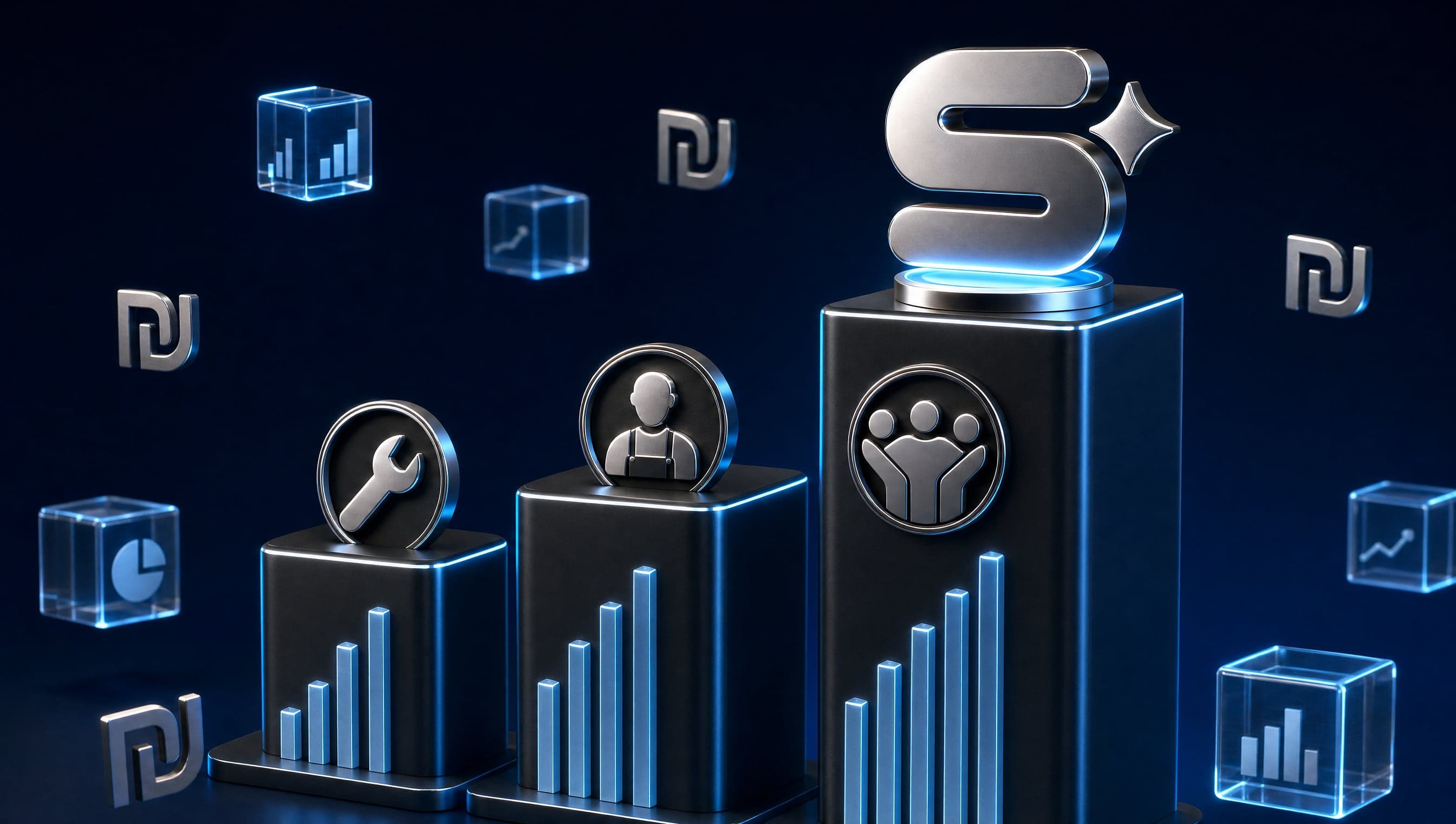 Three rising 3D podium columns comparing DIY, freelancer, and full-service agency website costs