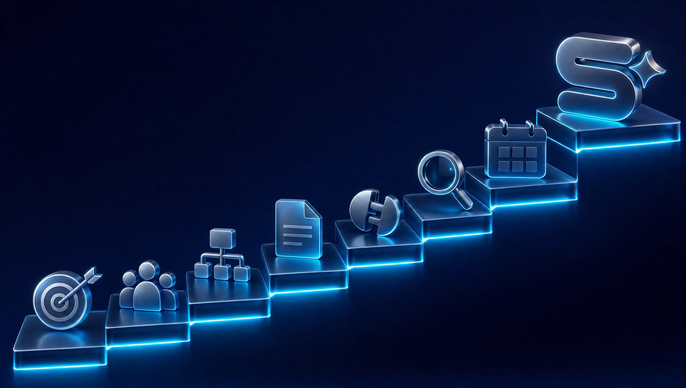 Dynamic 3D progression of seven glass steps representing the website specification process