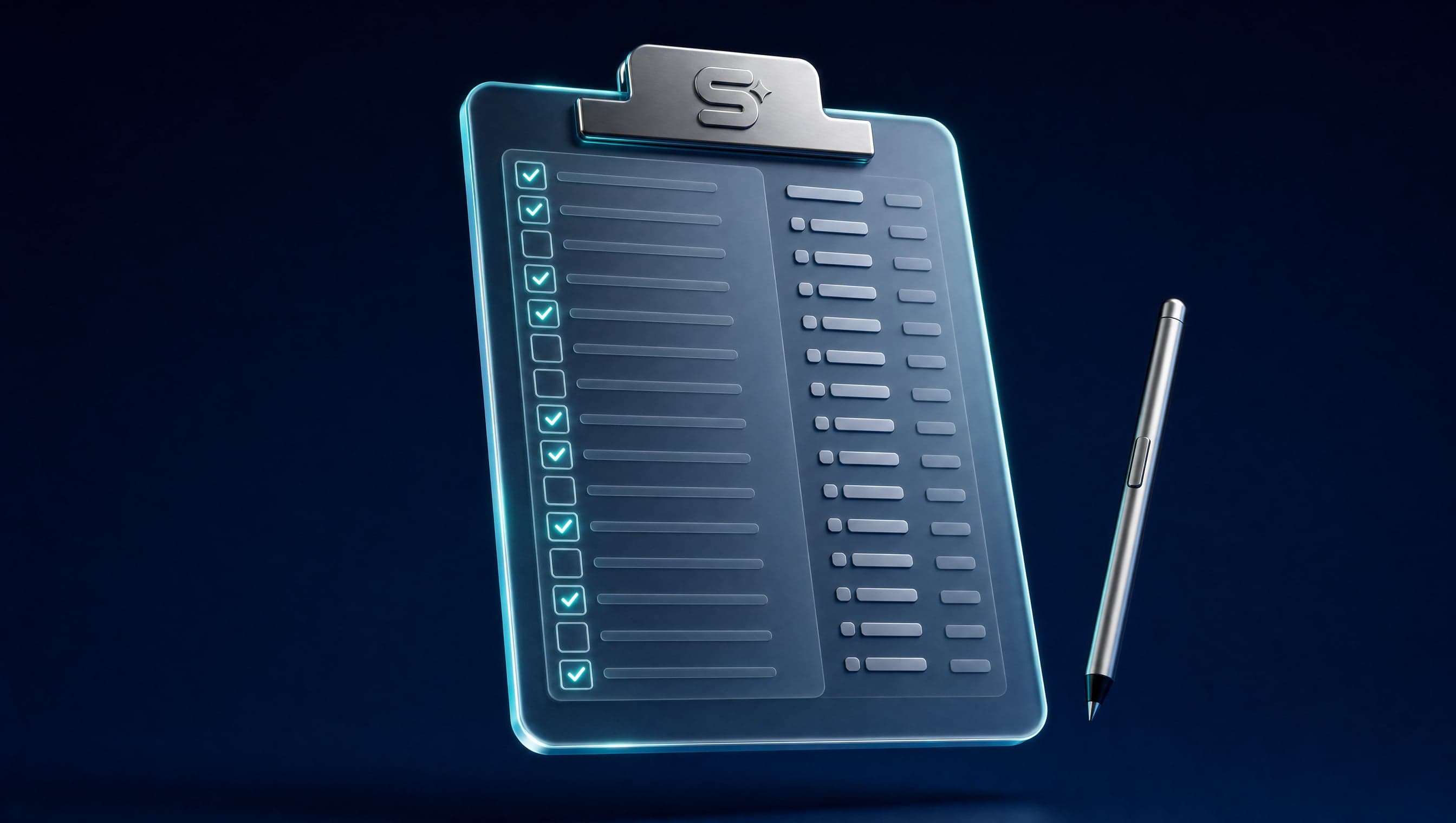 Futuristic frosted-glass clipboard displaying structured specification checklist rows