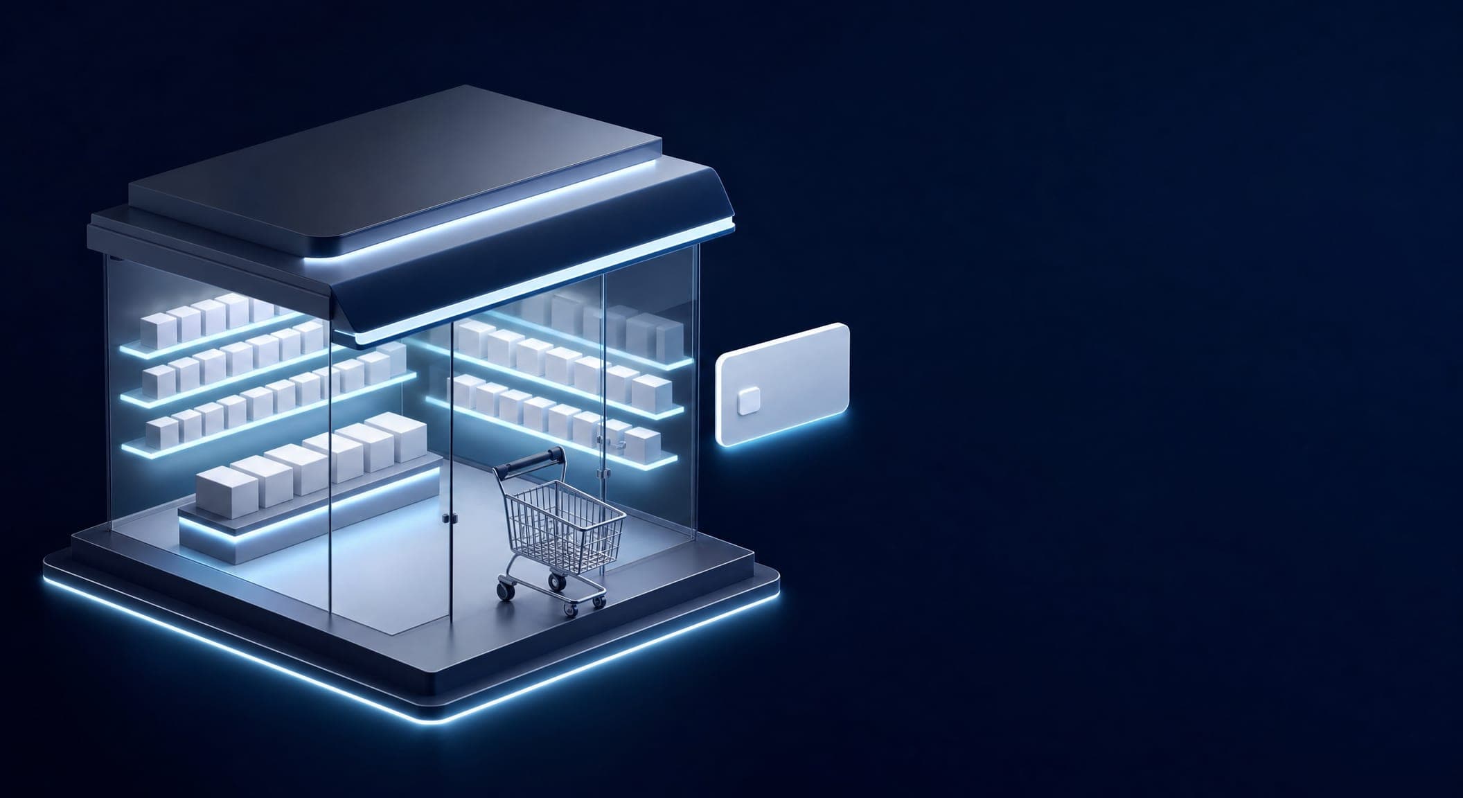 A 3D glass storefront with product shelves, a shopping cart and a floating payment card, illustrating an online store