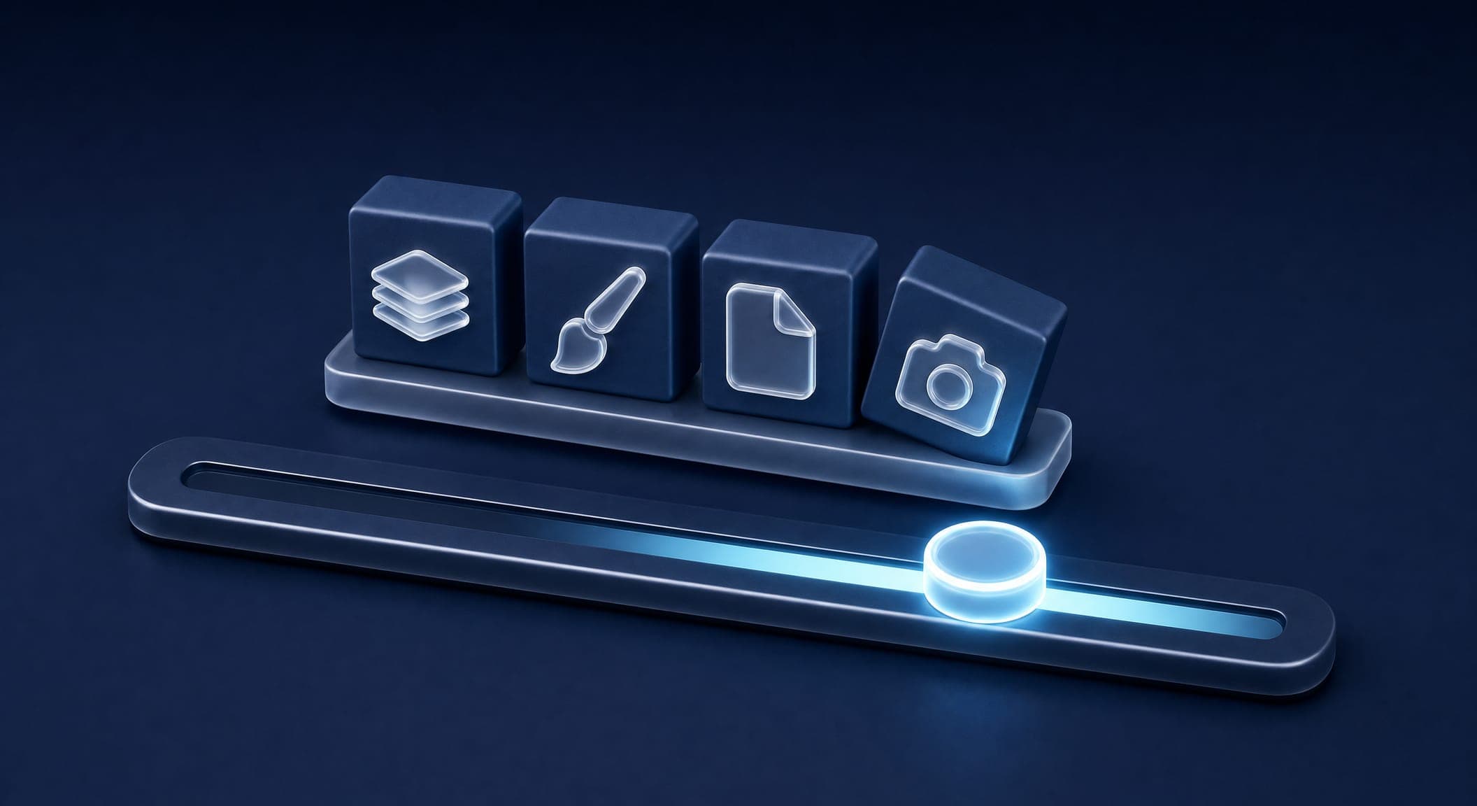 A 3D price gauge being shifted by weights representing pages, design, content and photography
